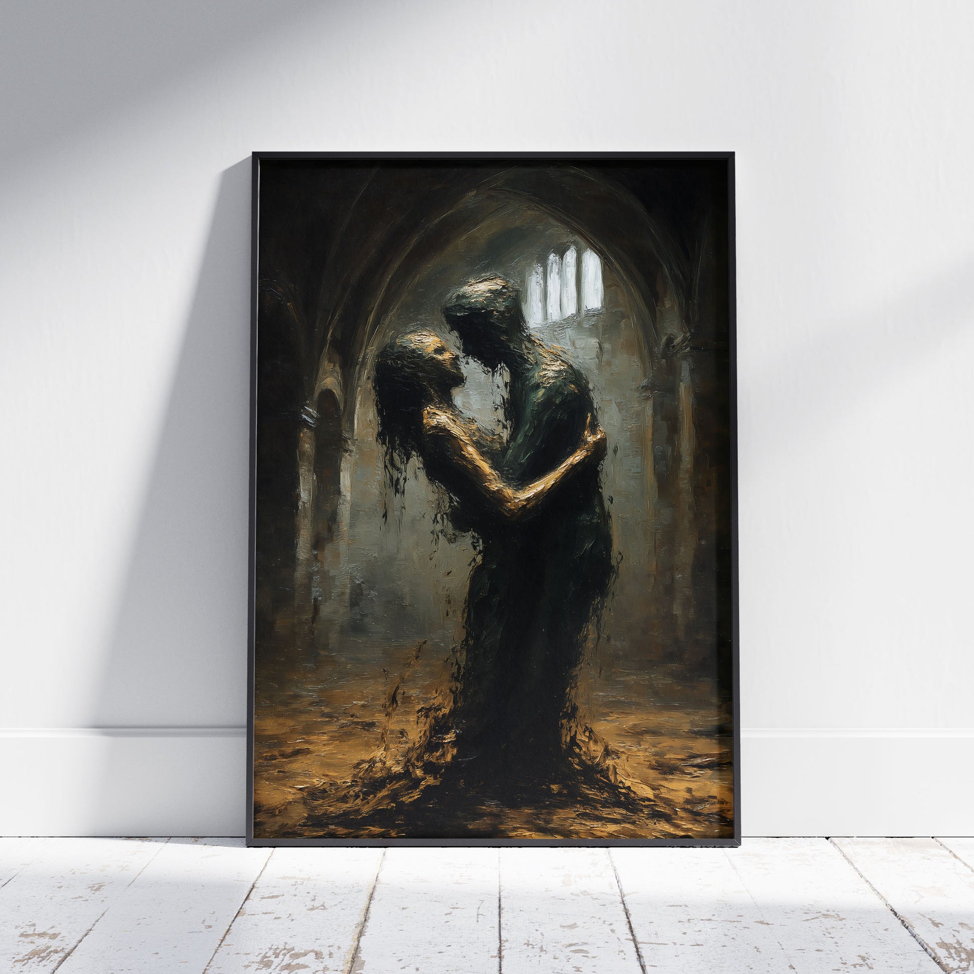 Gothic art print showing two figures embracing in dark cathedral with golden light through arched windows