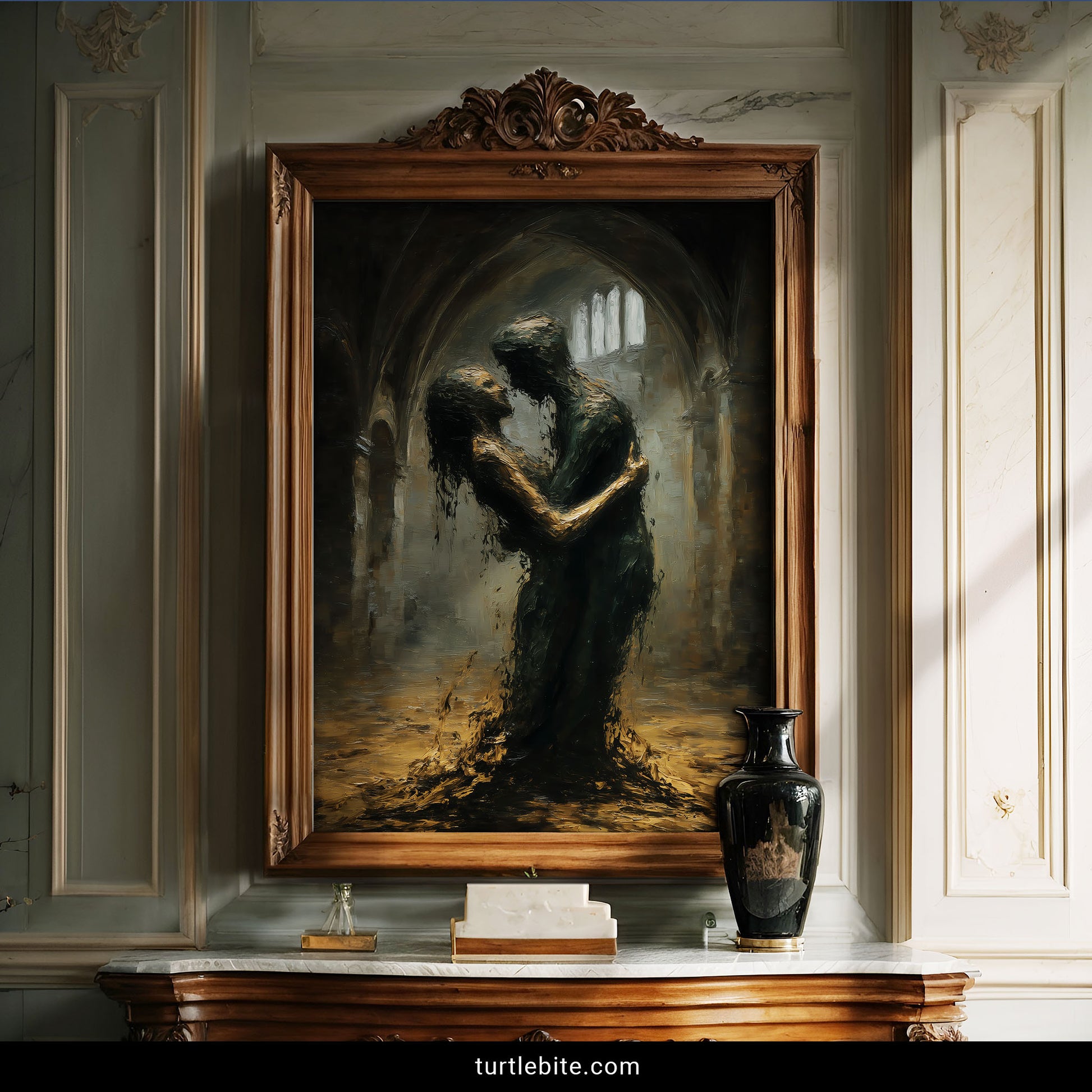 Sinister romance wall art showing silhouetted figures in abandoned cathedral with horror decor aesthetic