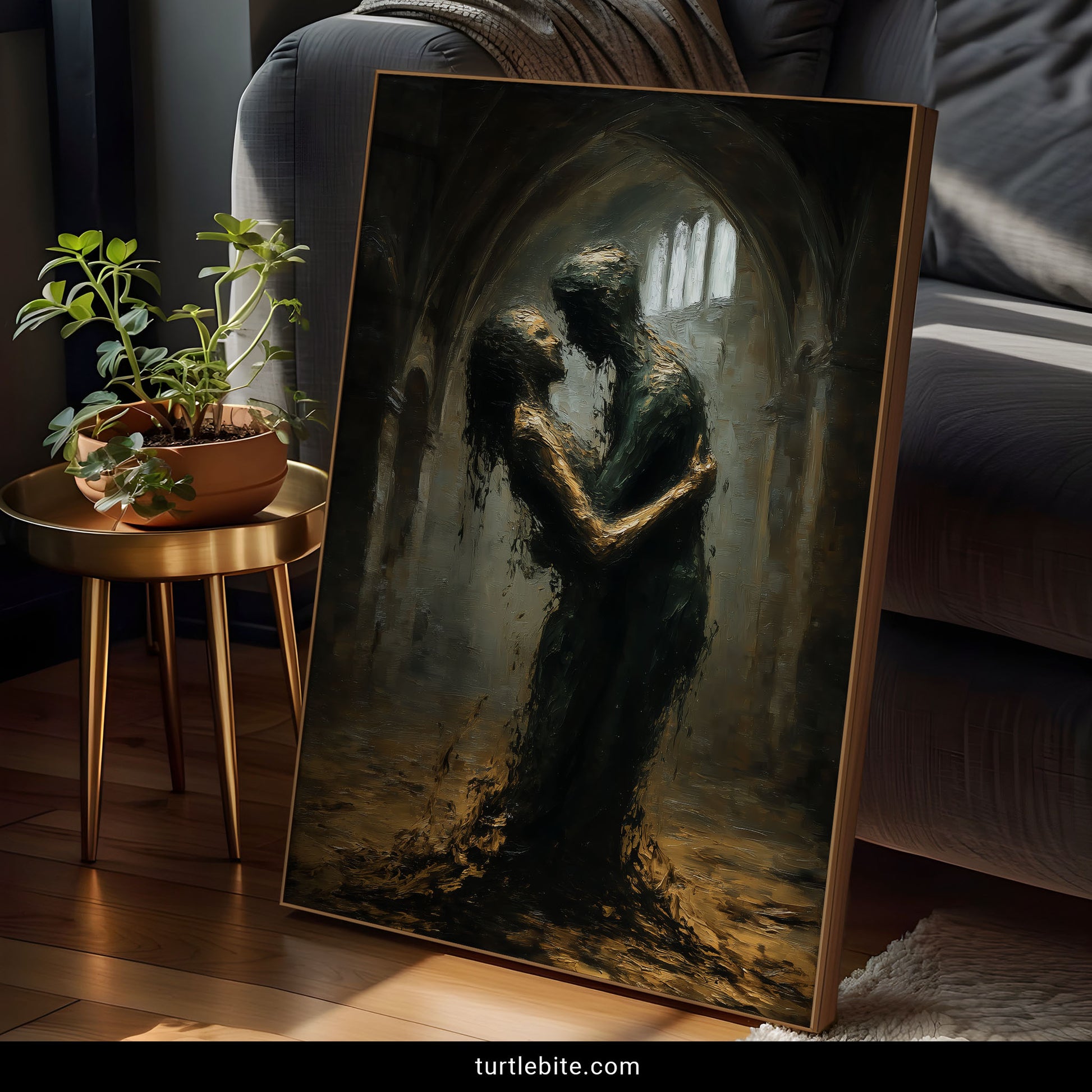 Sinister romance wall art showing silhouetted figures in abandoned cathedral with horror decor aesthetic