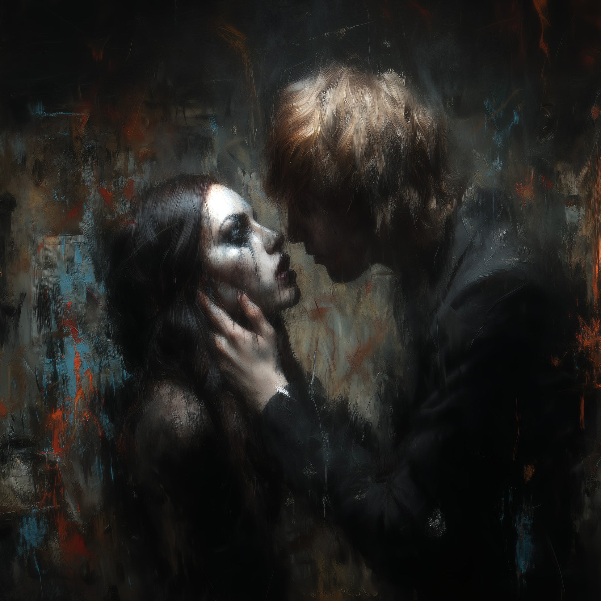 Gothic art print featuring dark romance couple kissing in abandoned church with orange glowing window