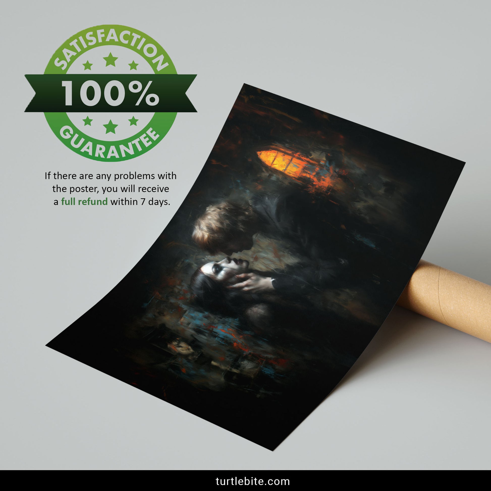 Moody romantic painting of gothic lovers embracing in deteriorating interior with dramatic lighting