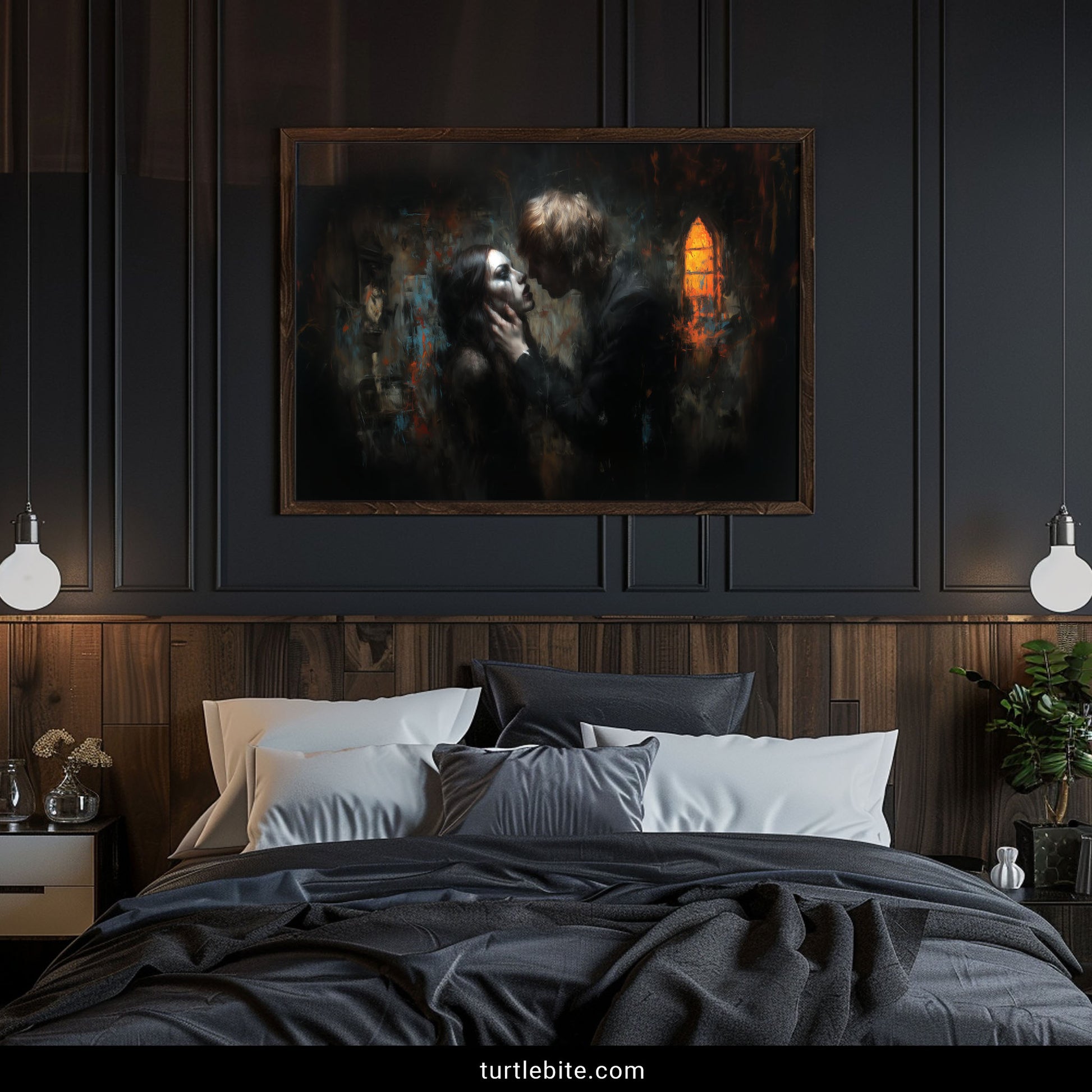 Moody romantic painting of gothic lovers embracing in deteriorating interior with dramatic lighting