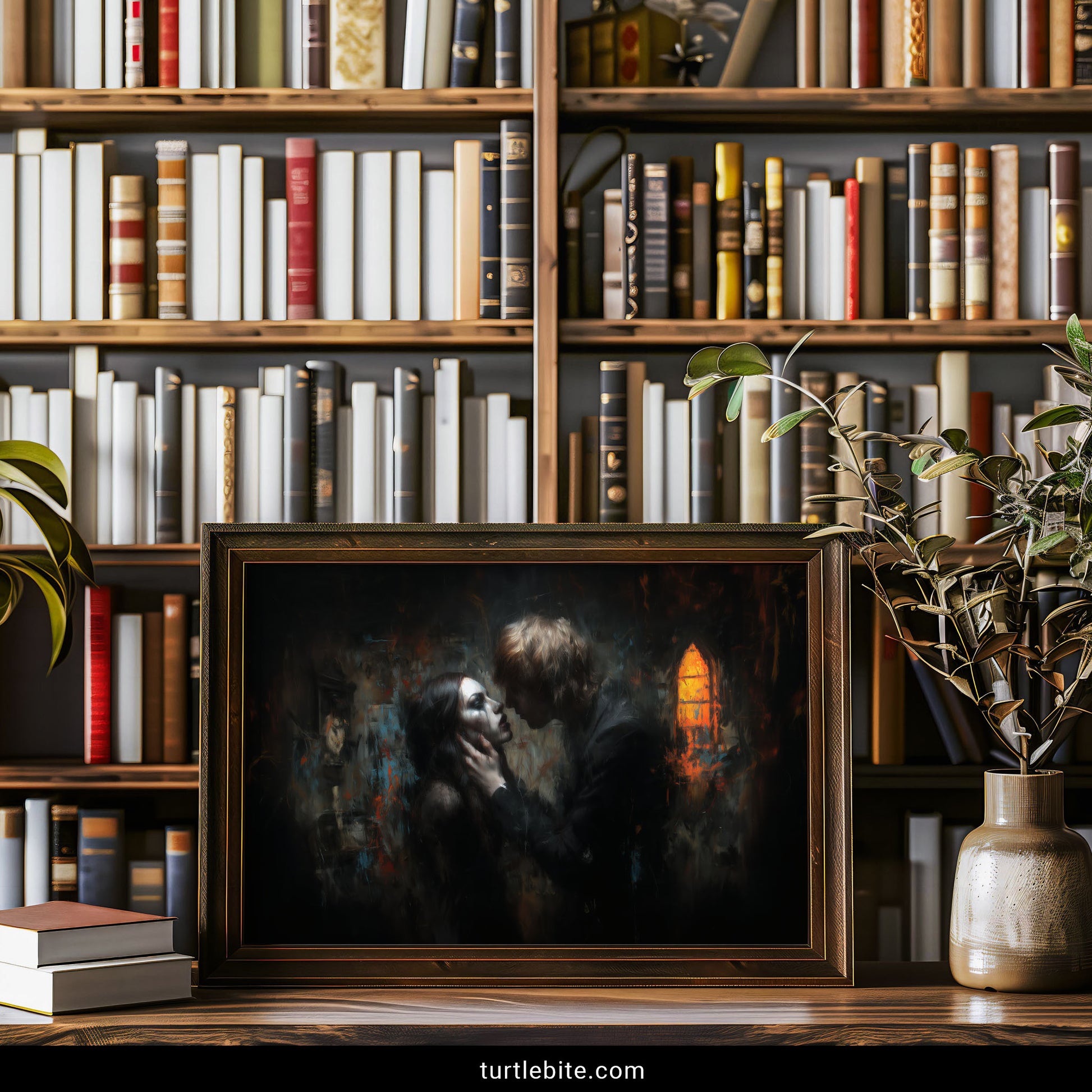 Dark romance wall art showing intimate couple moment with expressionistic brushstrokes and gothic atmosphere