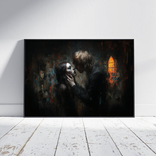 Gothic art print featuring dark romance couple kissing in abandoned church with orange glowing window