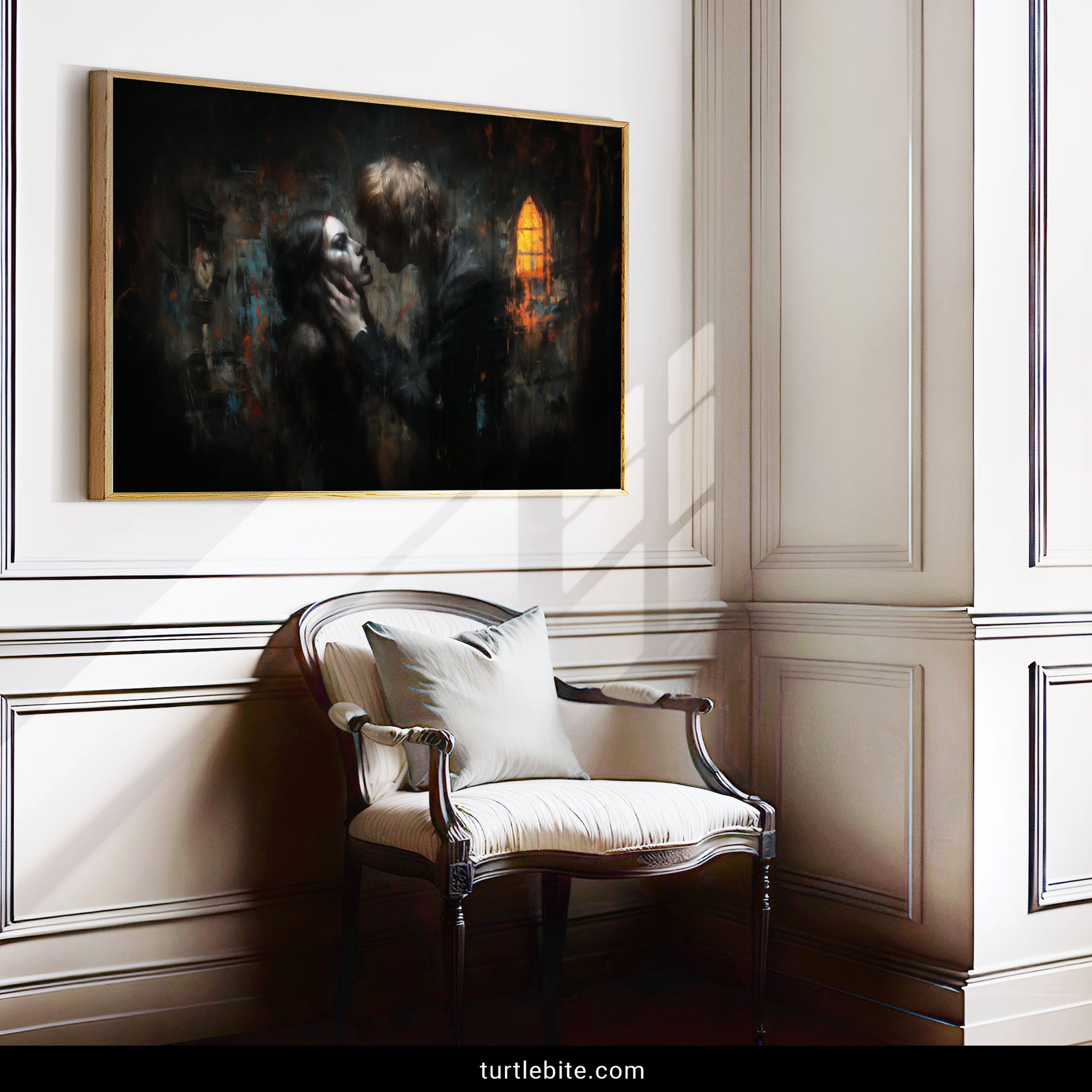 Mysterious romantic art print with couple in tender embrace surrounded by decay and glowing church window