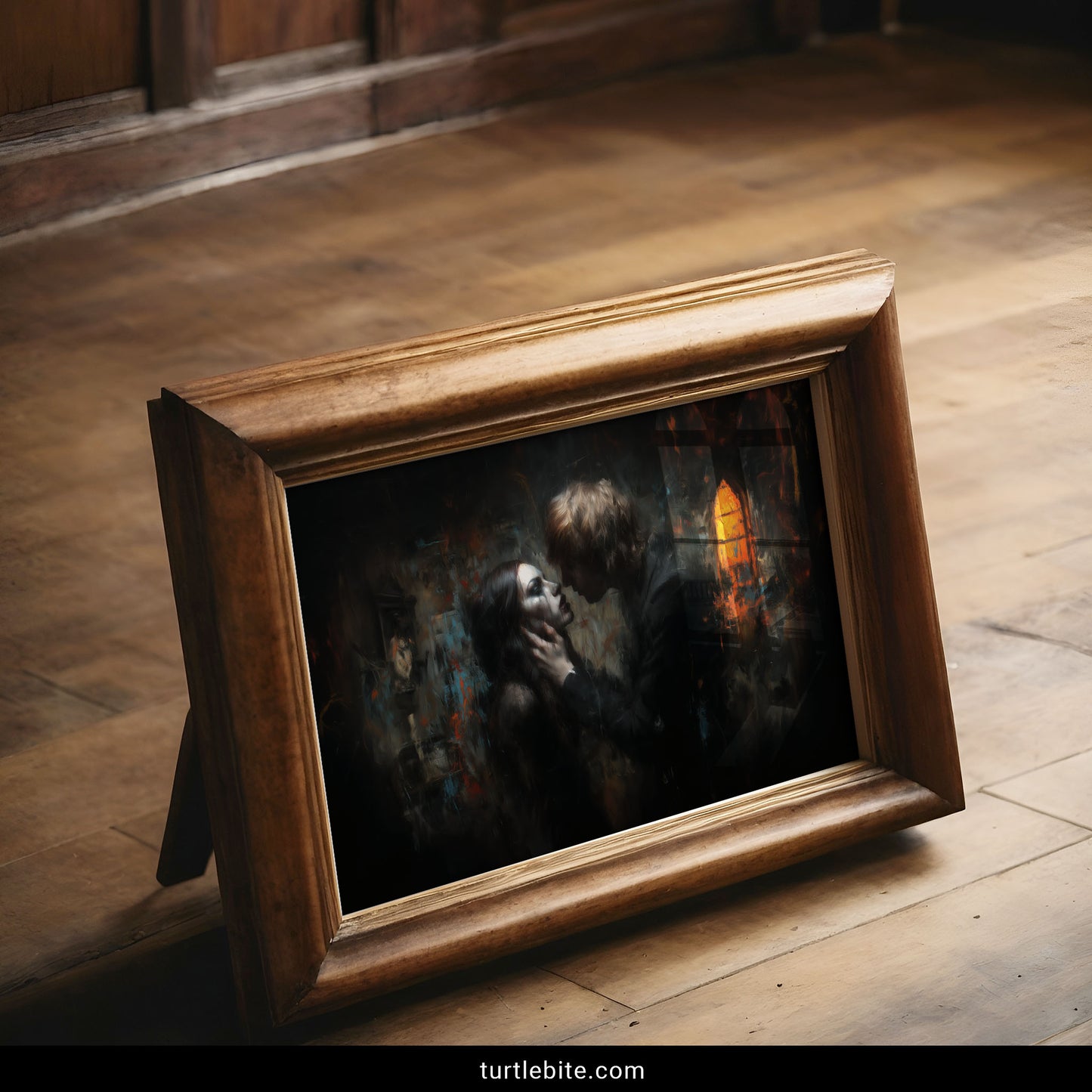 Victorian gothic poster art depicting blonde and dark haired lovers kiss in shadowy abandoned building