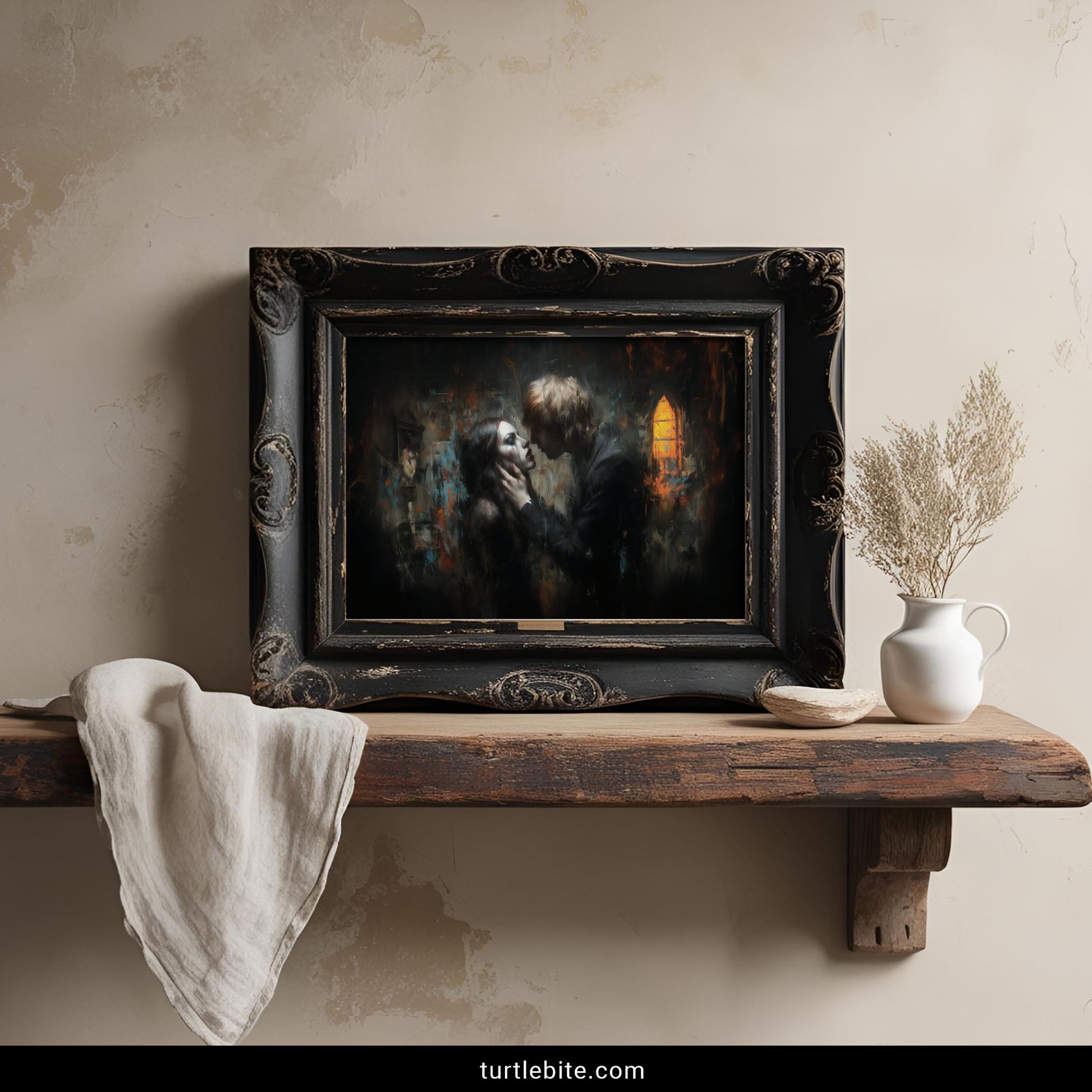 Mysterious romantic art print with couple in tender embrace surrounded by decay and glowing church window