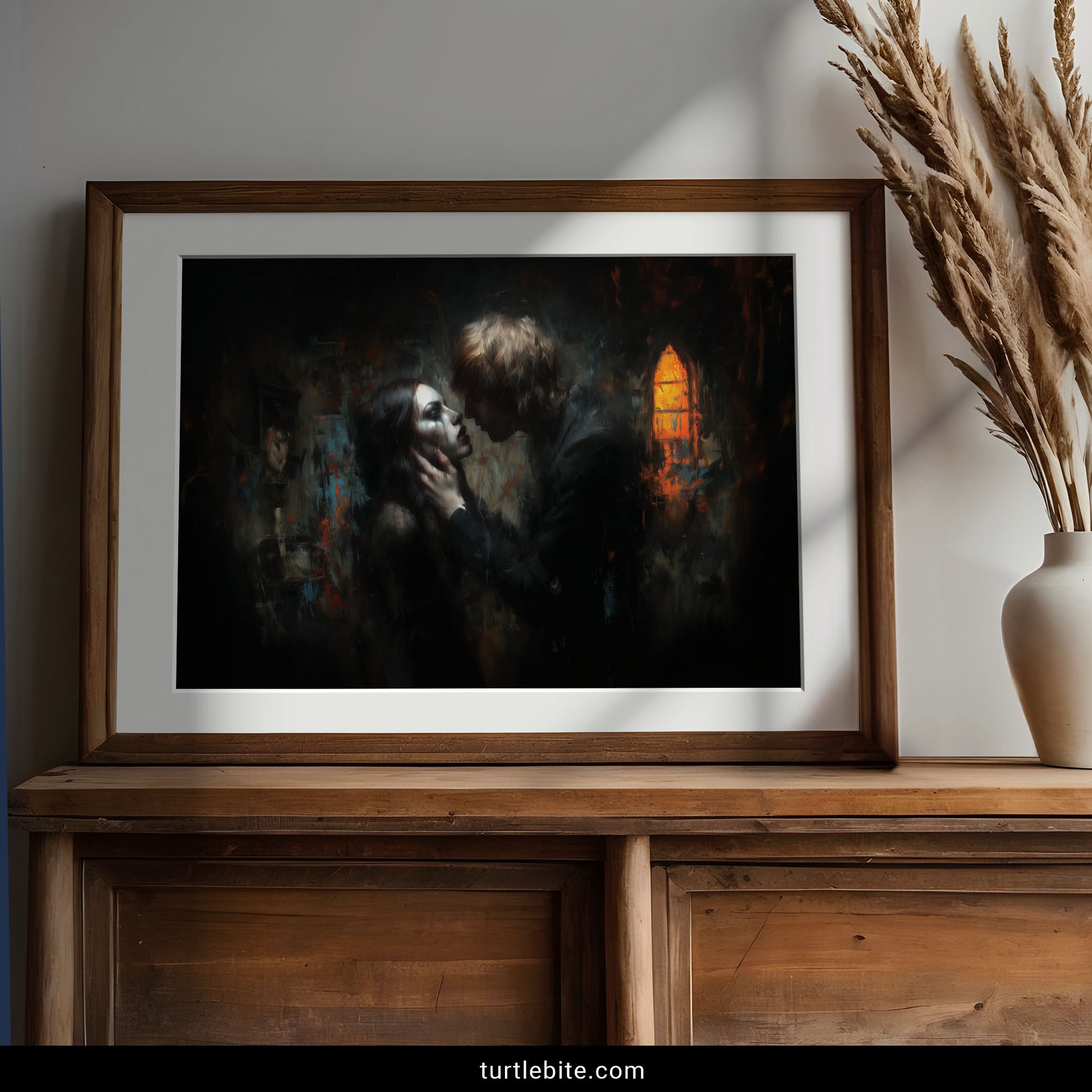 Mysterious romantic art print with couple in tender embrace surrounded by decay and glowing church window