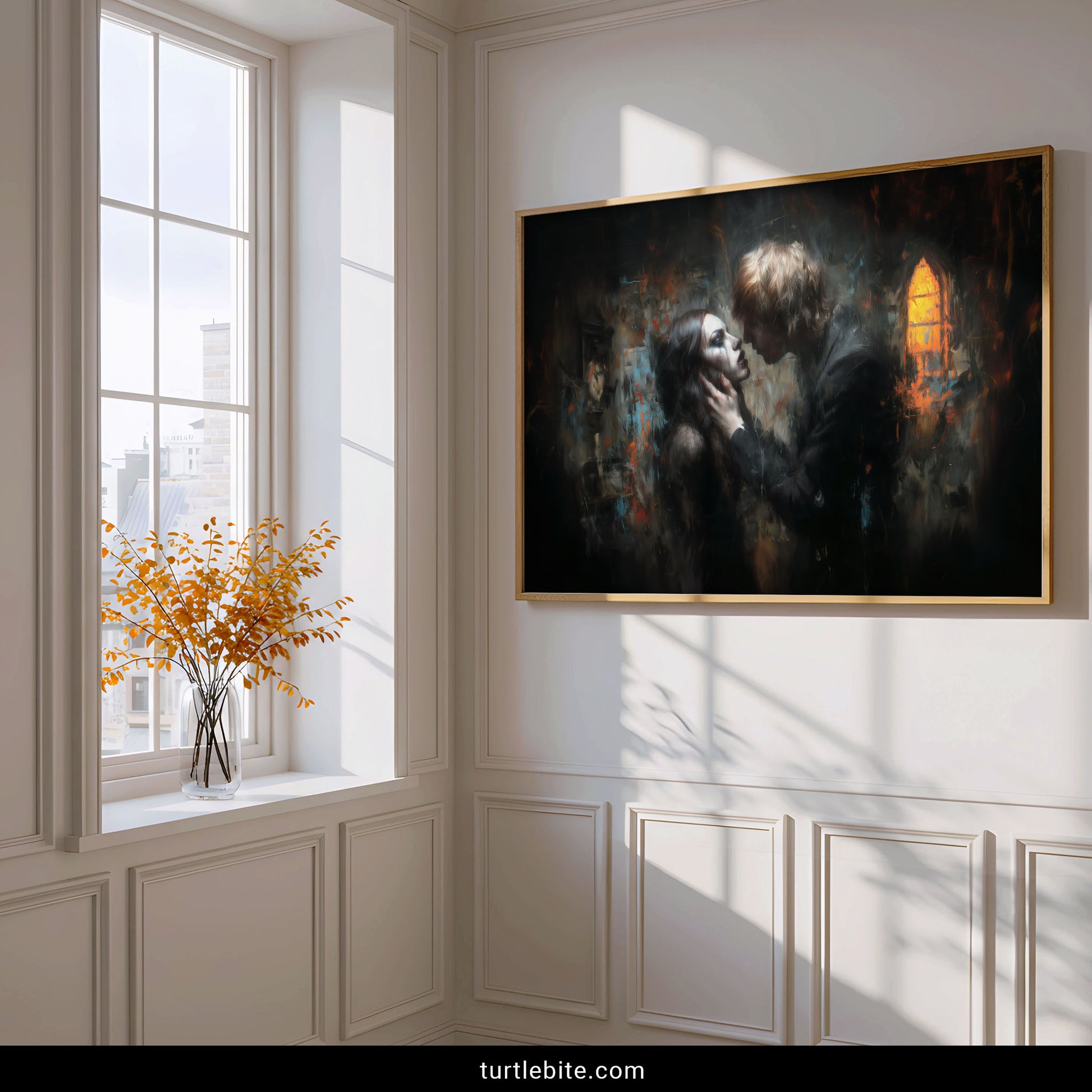 Mysterious romantic art print with couple in tender embrace surrounded by decay and glowing church window