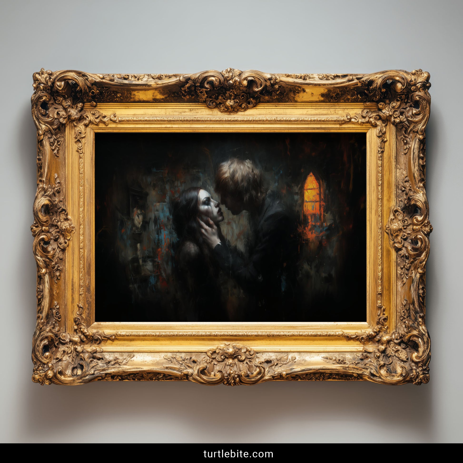 Victorian gothic poster art depicting blonde and dark haired lovers kiss in shadowy abandoned building