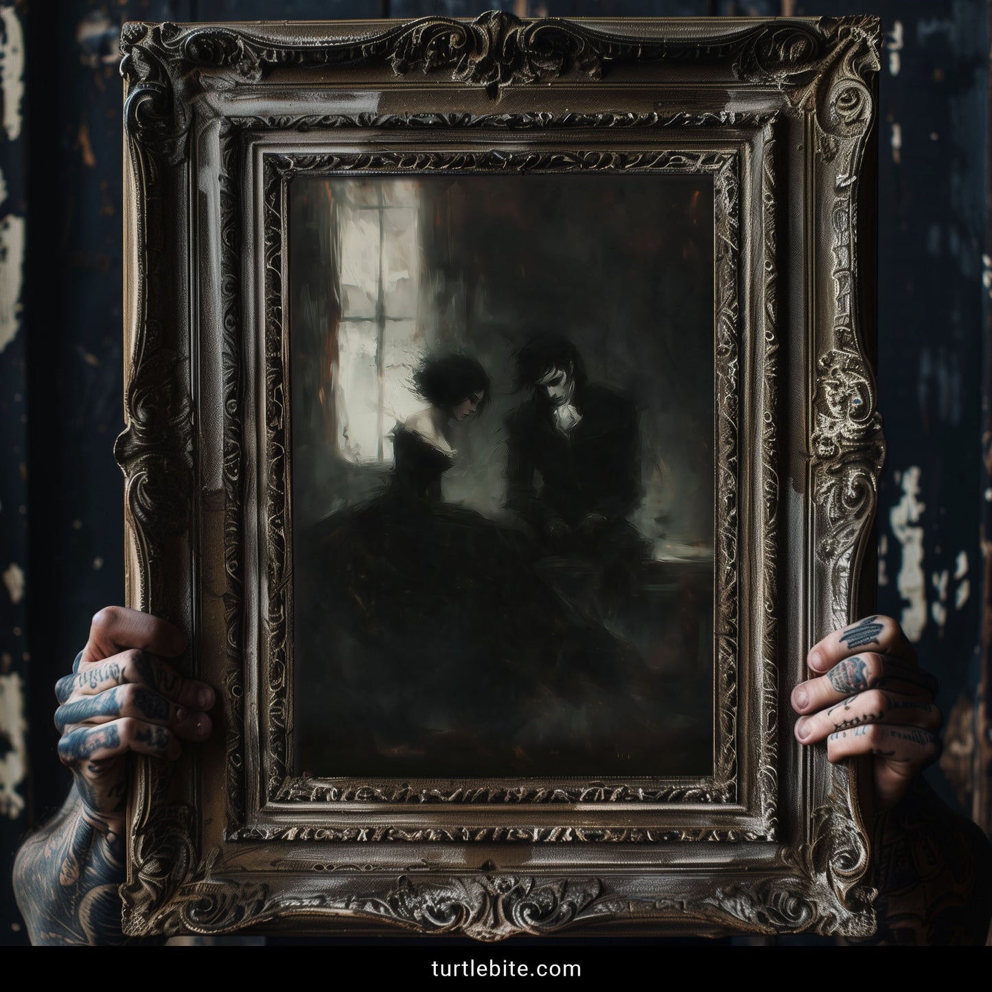 Atmospheric gothic painting of shadowy couple in abandoned room moody romantic home decor artwork