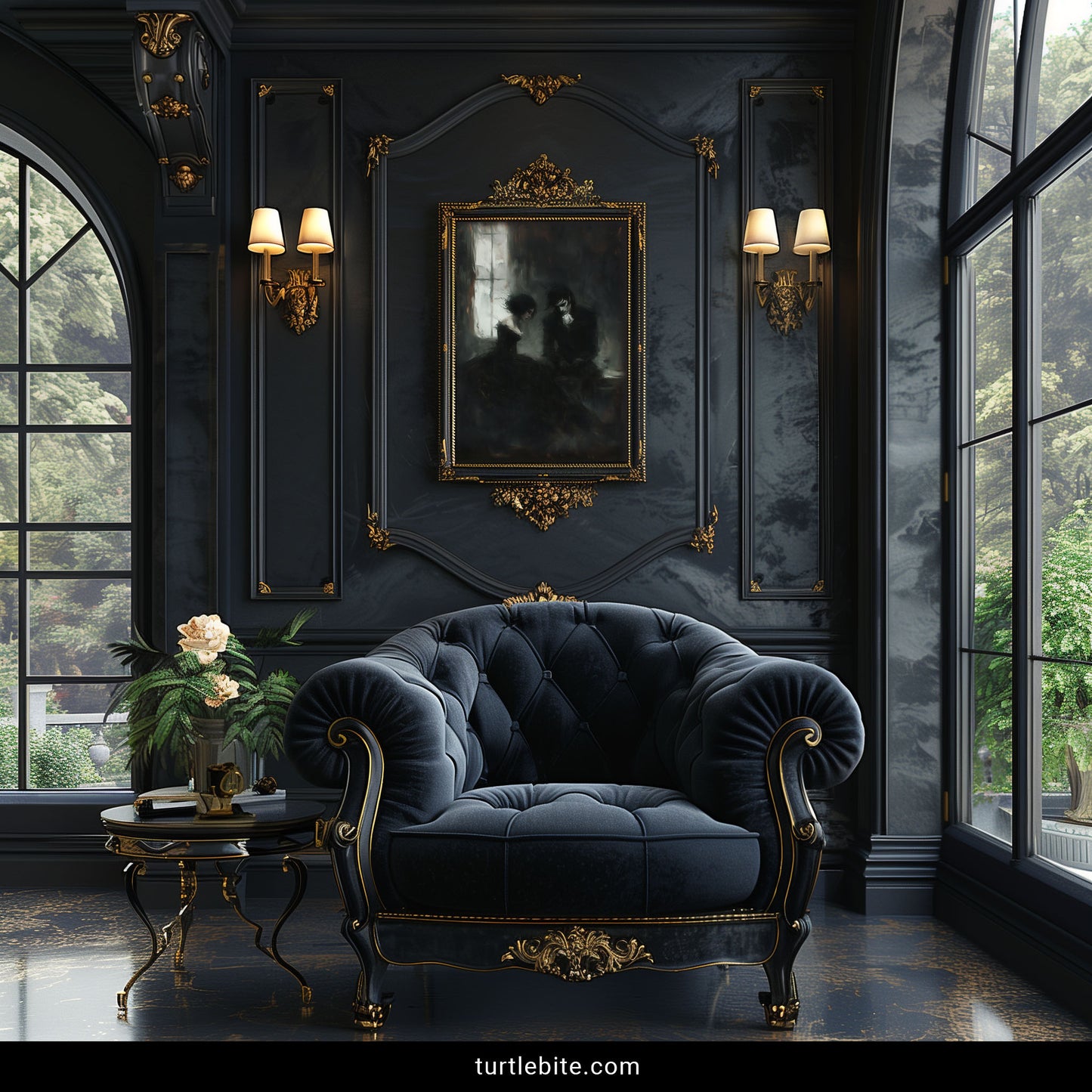 Dark romance wall art featuring two melancholic figures in decaying interior gothic aesthetic print