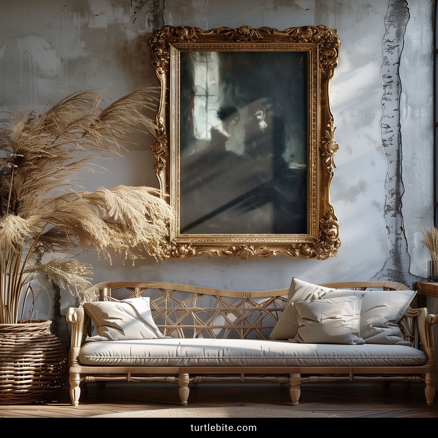 Melancholic gothic art print showing romantic couple in dark room with dramatic window lighting