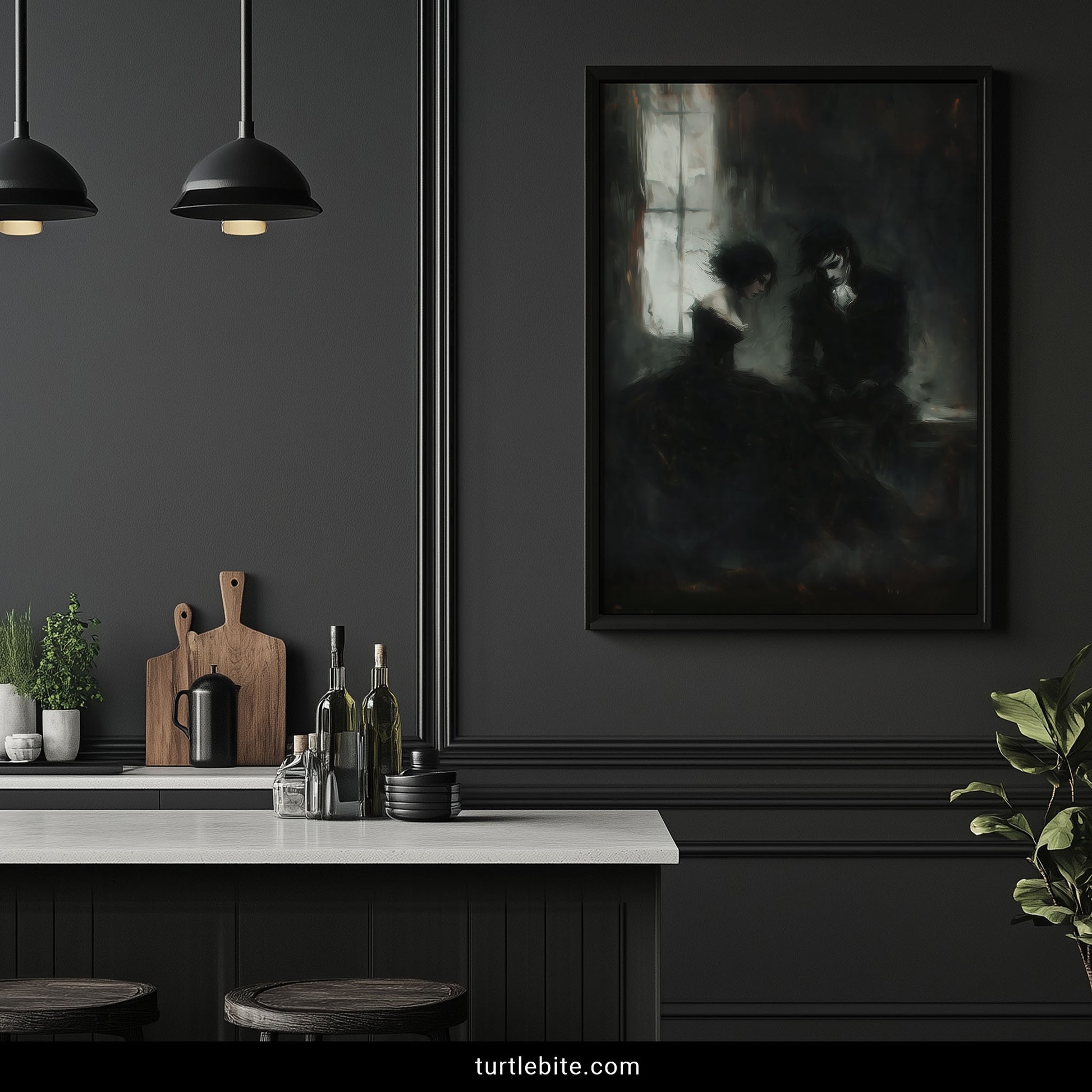 Atmospheric gothic painting of shadowy couple in abandoned room moody romantic home decor artwork