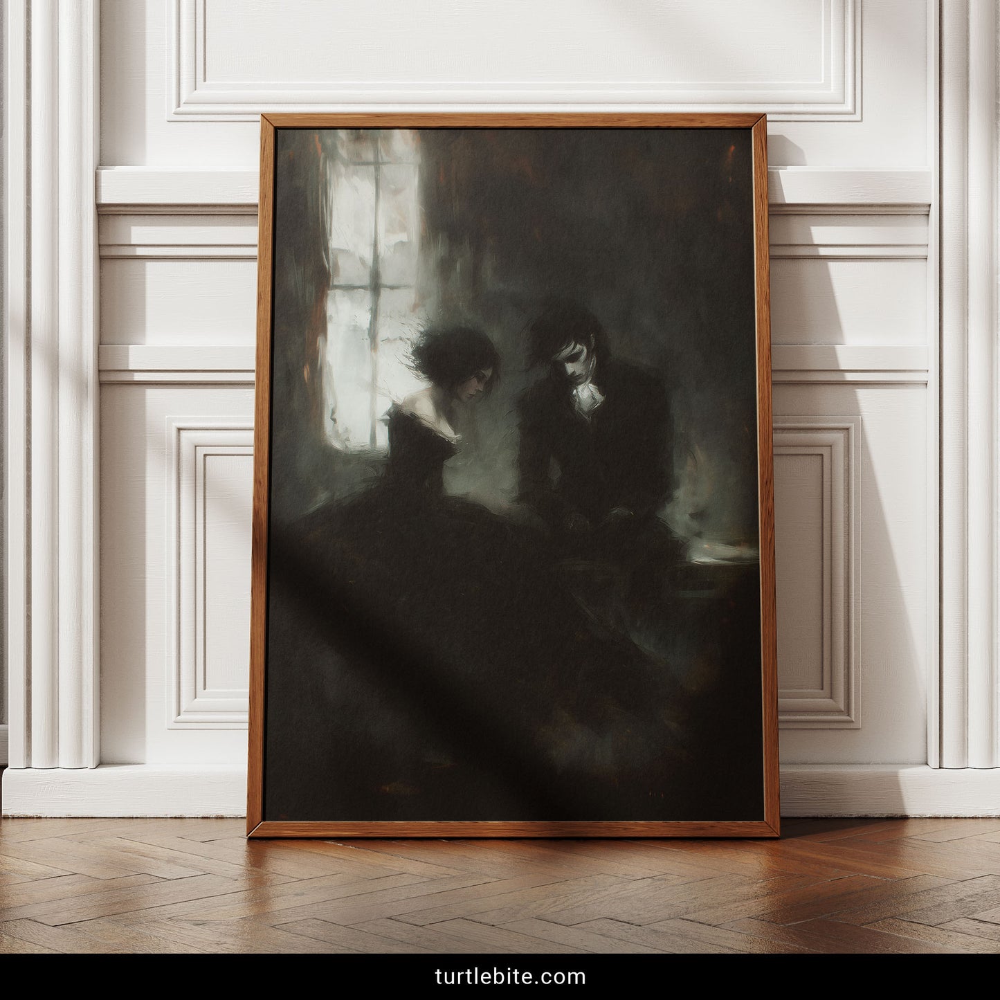 Dark romance wall art featuring two melancholic figures in decaying interior gothic aesthetic print