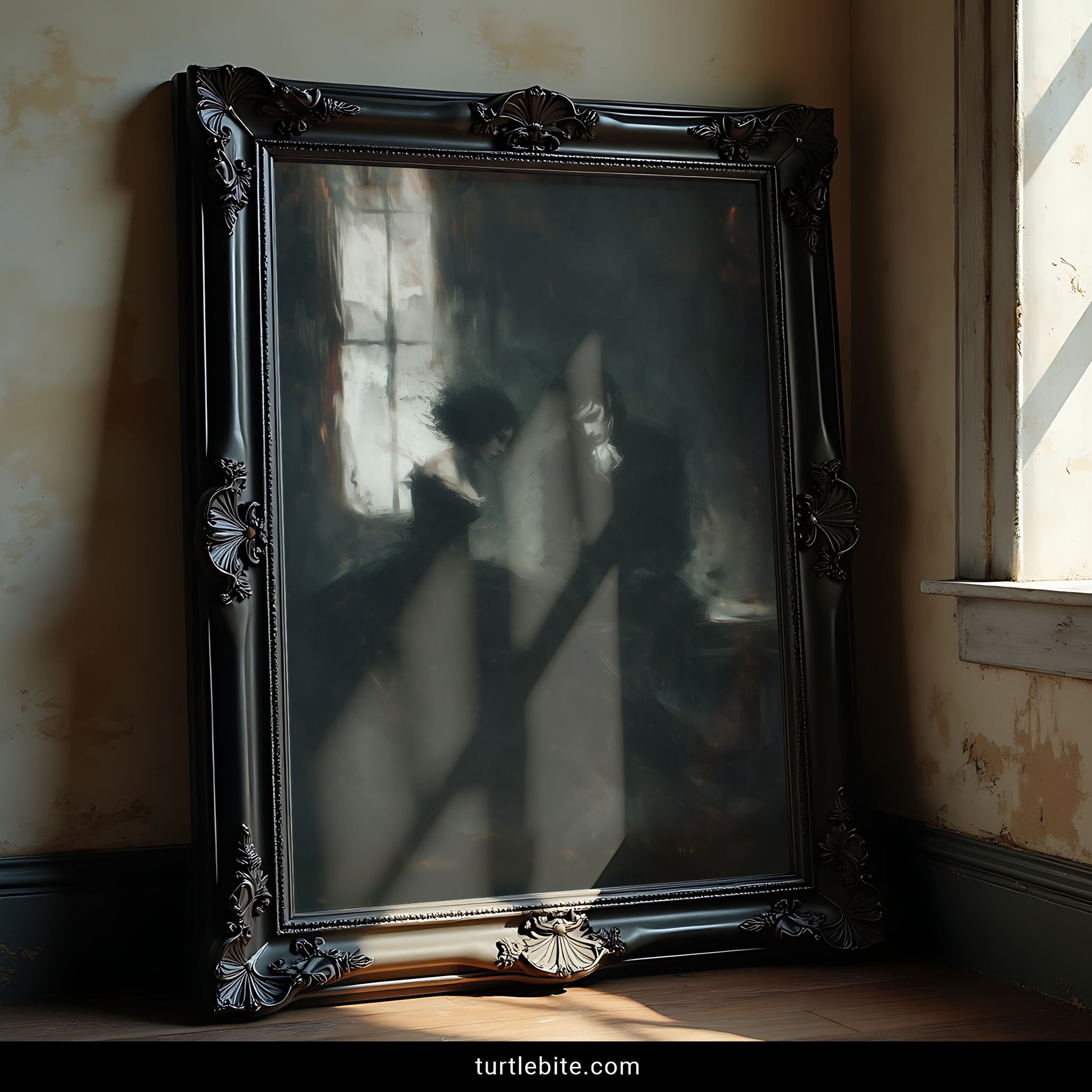 Moody dark romance poster featuring gothic lovers in atmospheric shadowy interior wall art