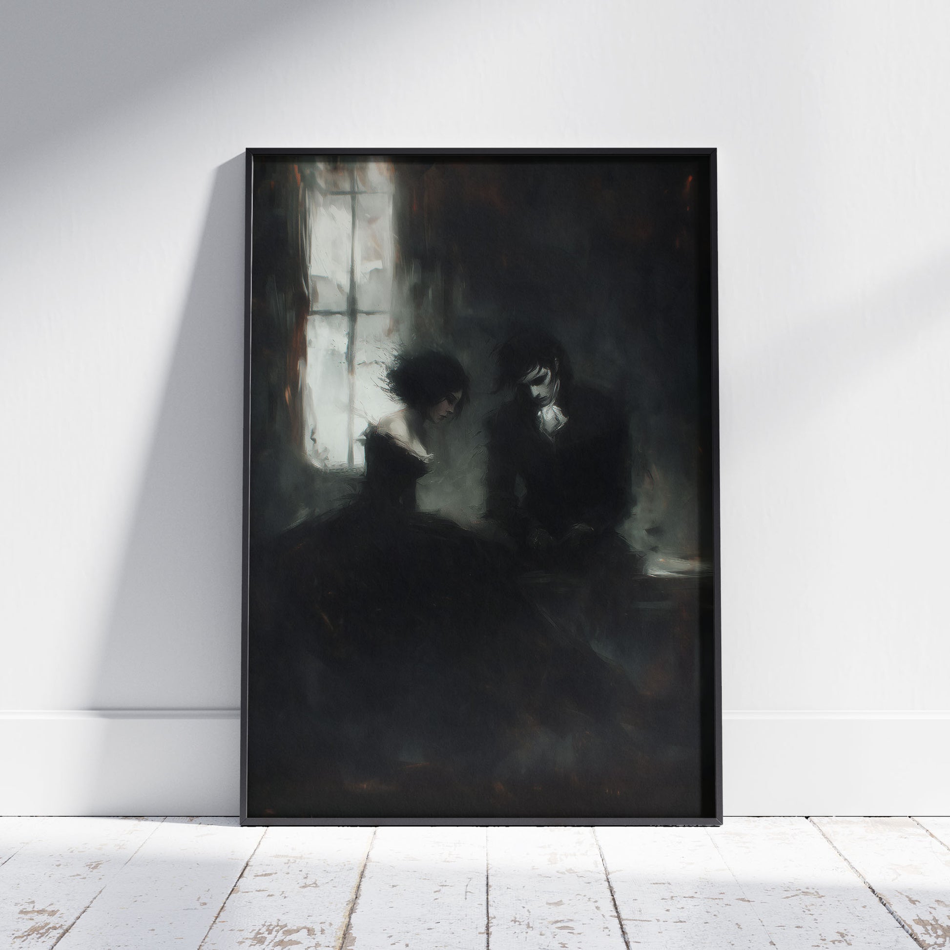 Gothic couple sitting together in dark atmospheric room with window light creating moody romantic painting
