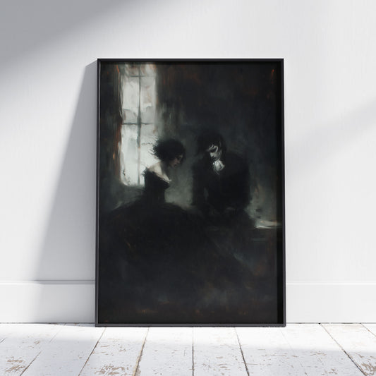 Gothic couple sitting together in dark atmospheric room with window light creating moody romantic painting