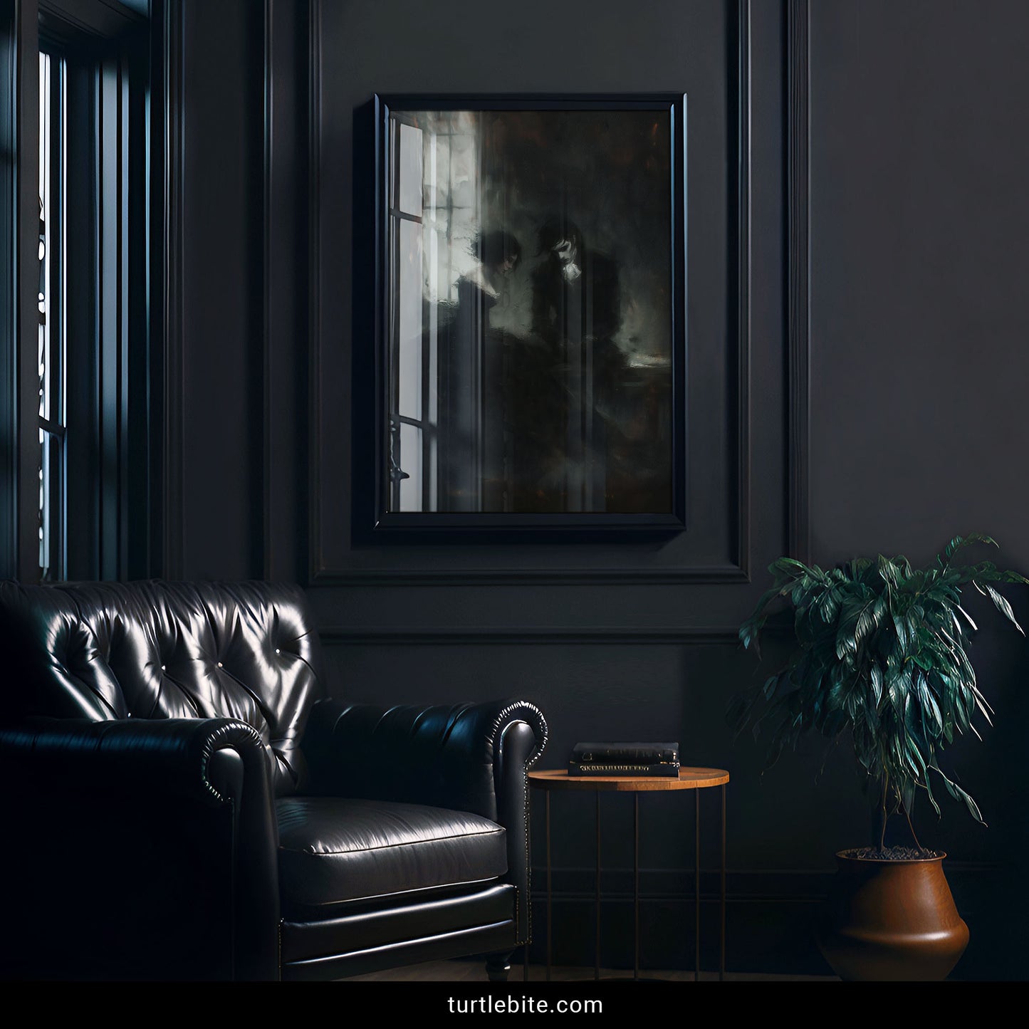 Melancholic gothic art print showing romantic couple in dark room with dramatic window lighting