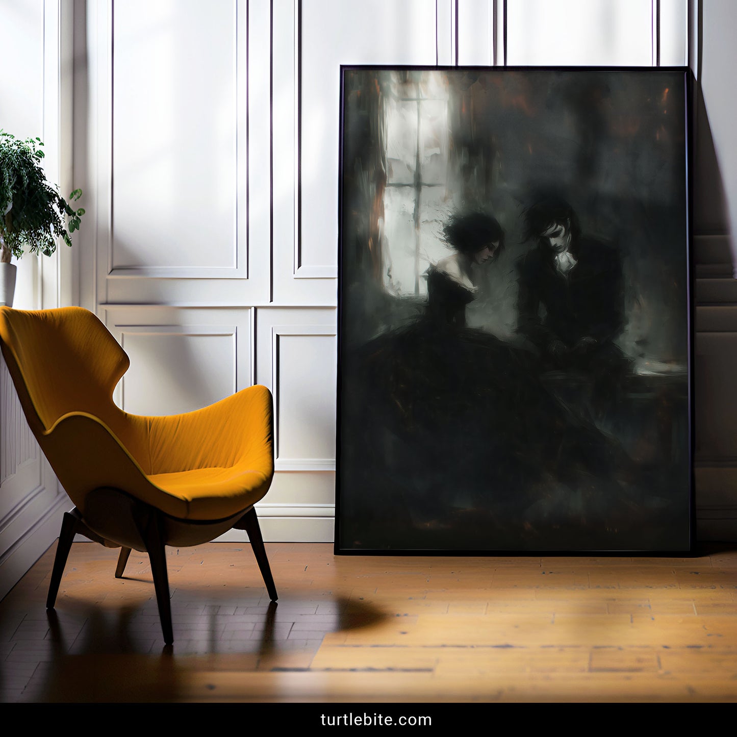 Moody dark romance poster featuring gothic lovers in atmospheric shadowy interior wall art