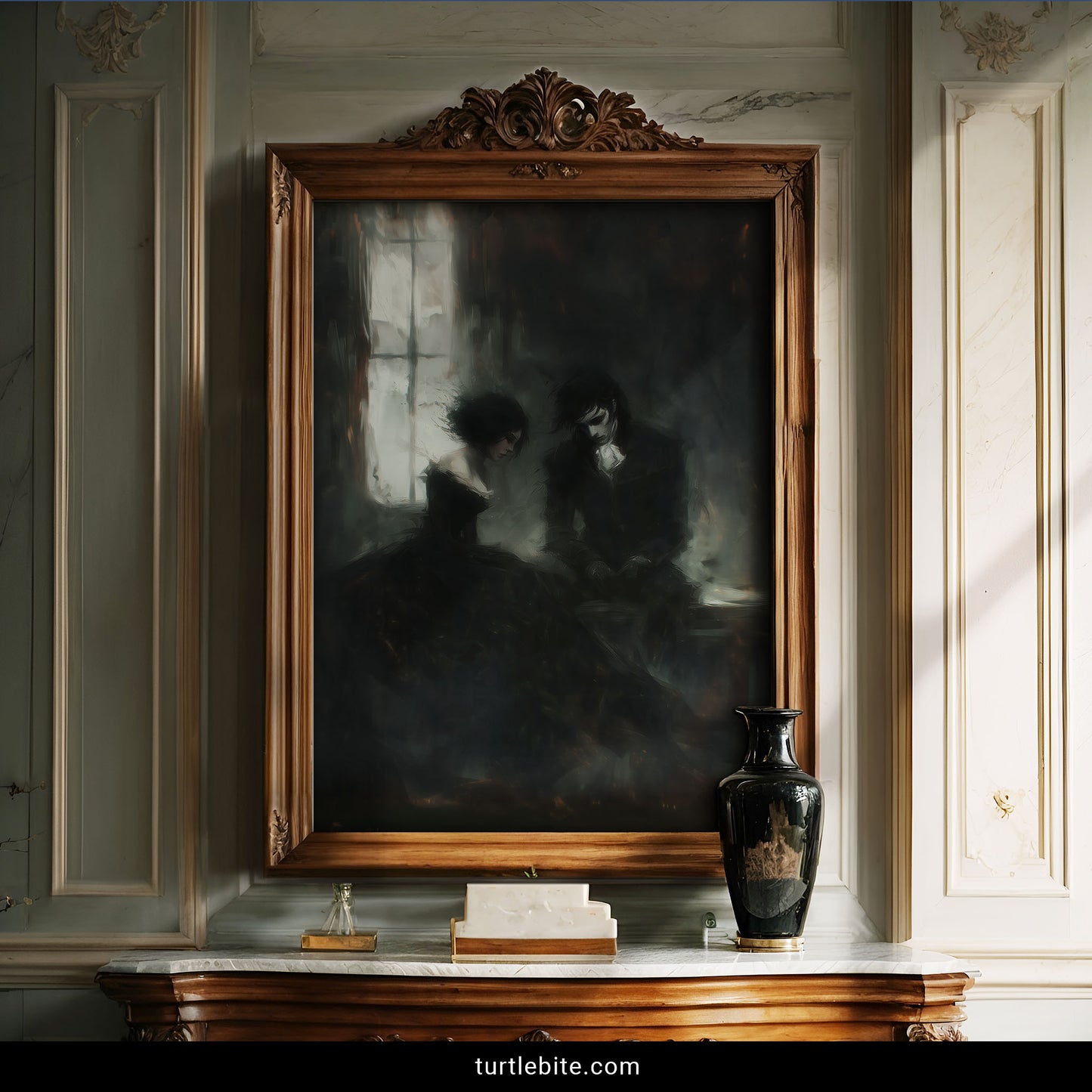 Moody dark romance poster featuring gothic lovers in atmospheric shadowy interior wall art