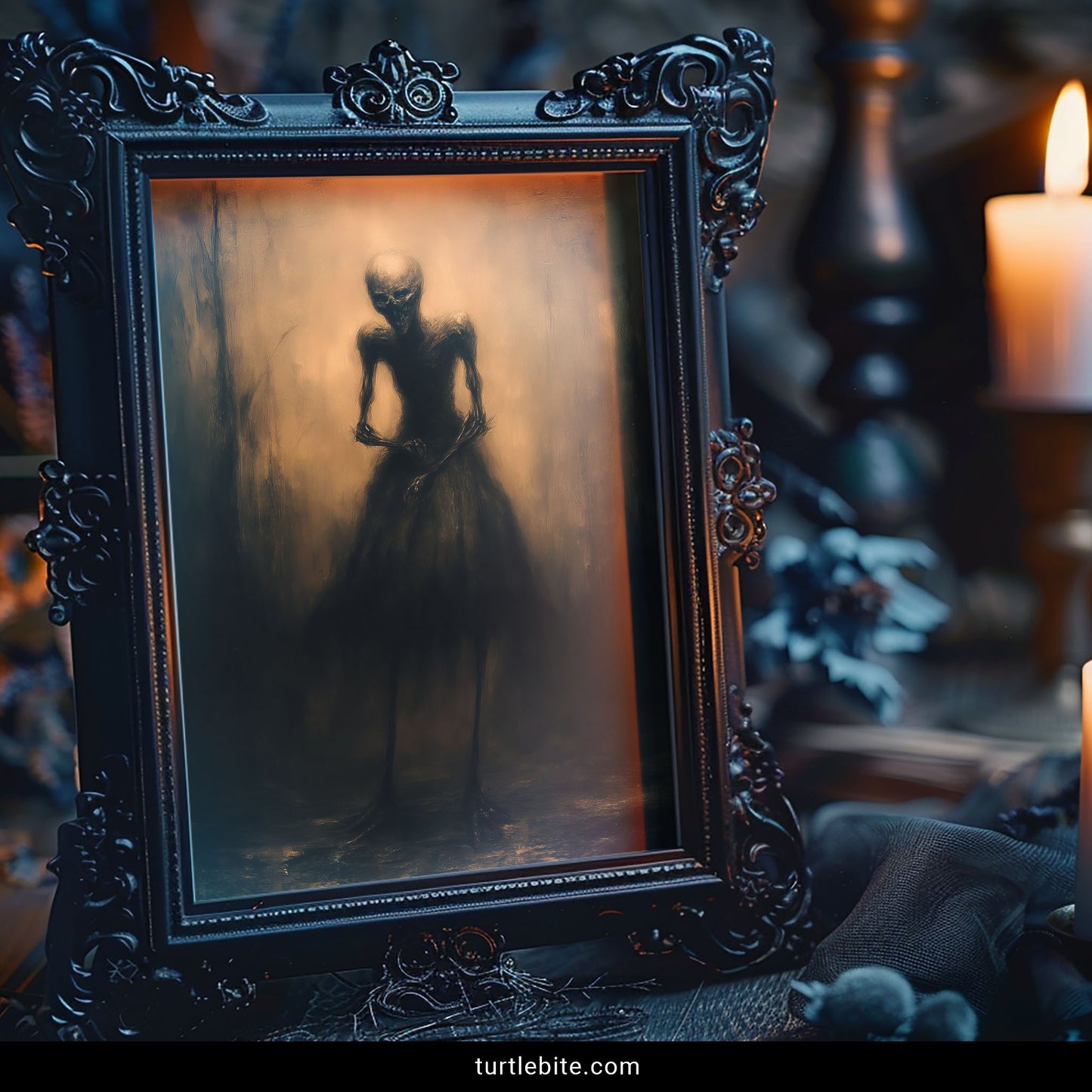 Memento mori skeletal figure wearing elegant Victorian gown macabre wall art poster