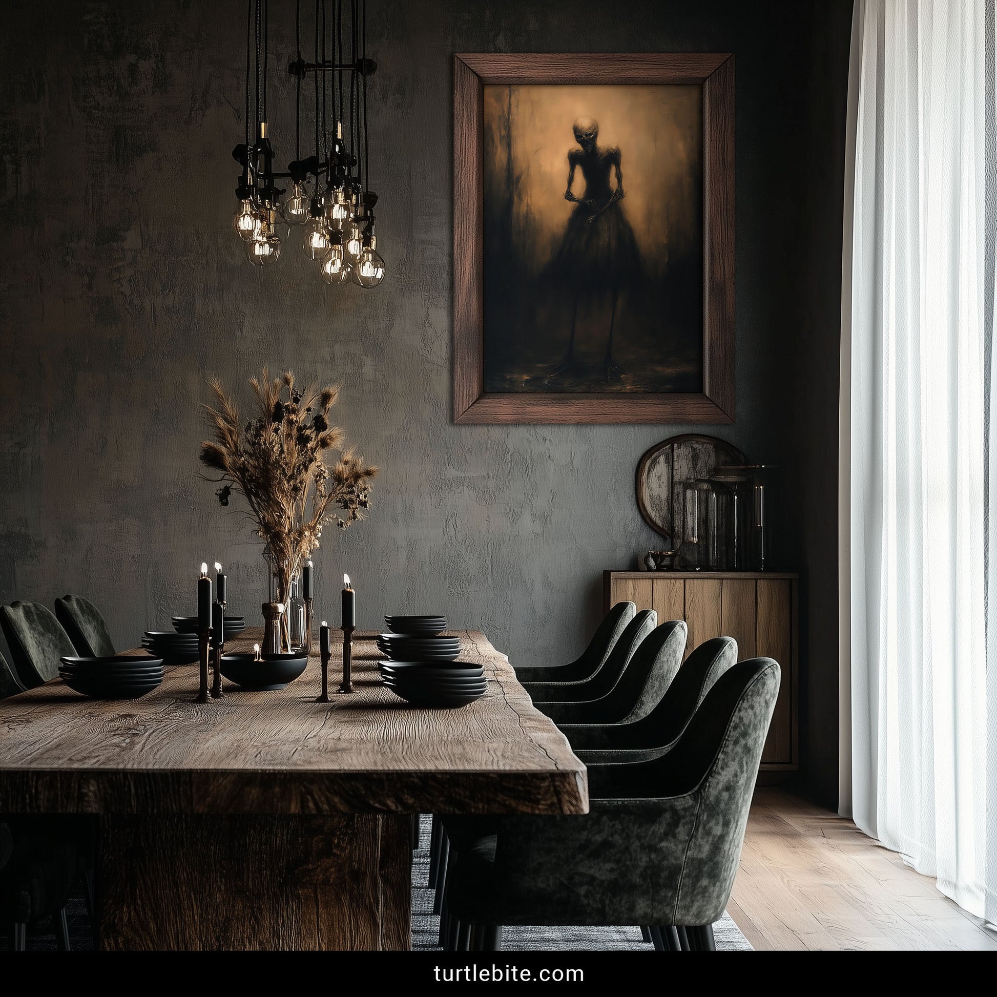 Surreal horror art featuring skull-headed woman in period dress moody gothic decor