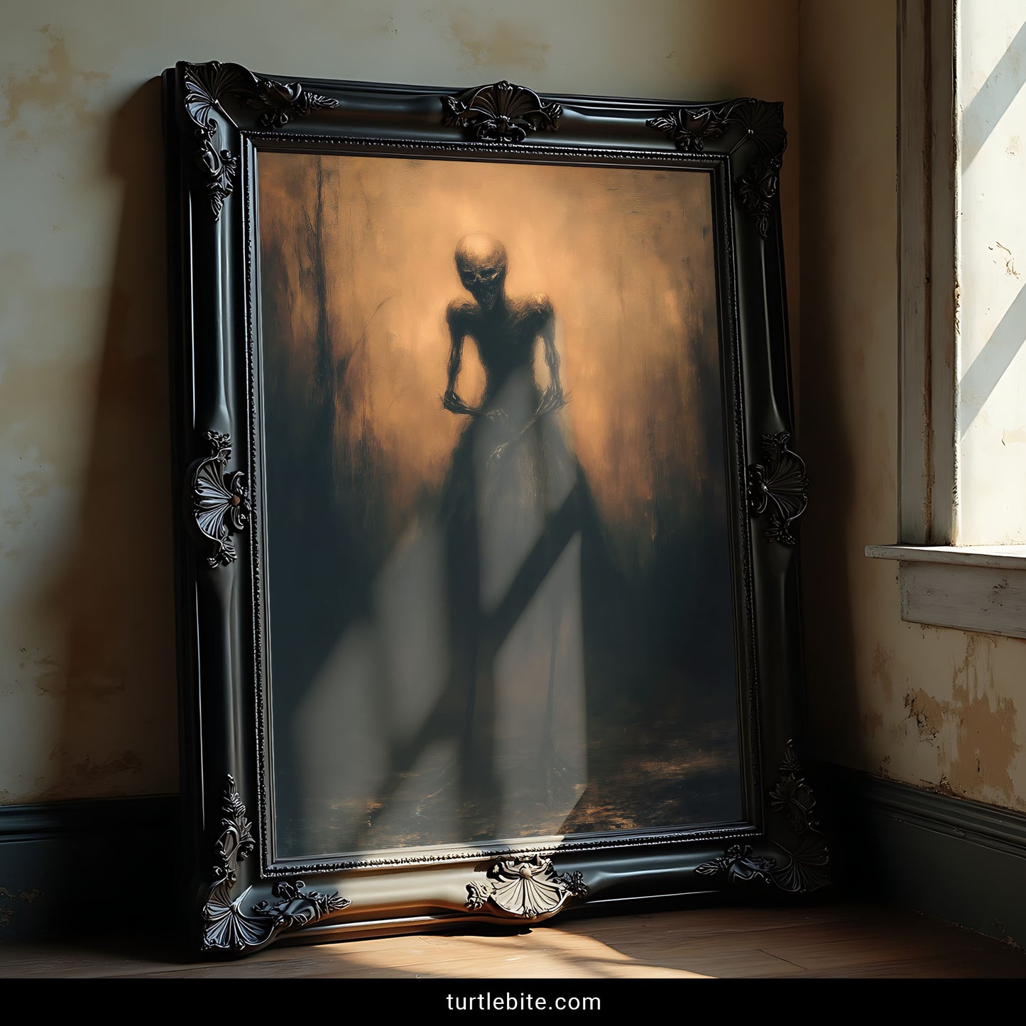 Dark art print of skeleton bride in abandoned hallway with amber lighting baroque style