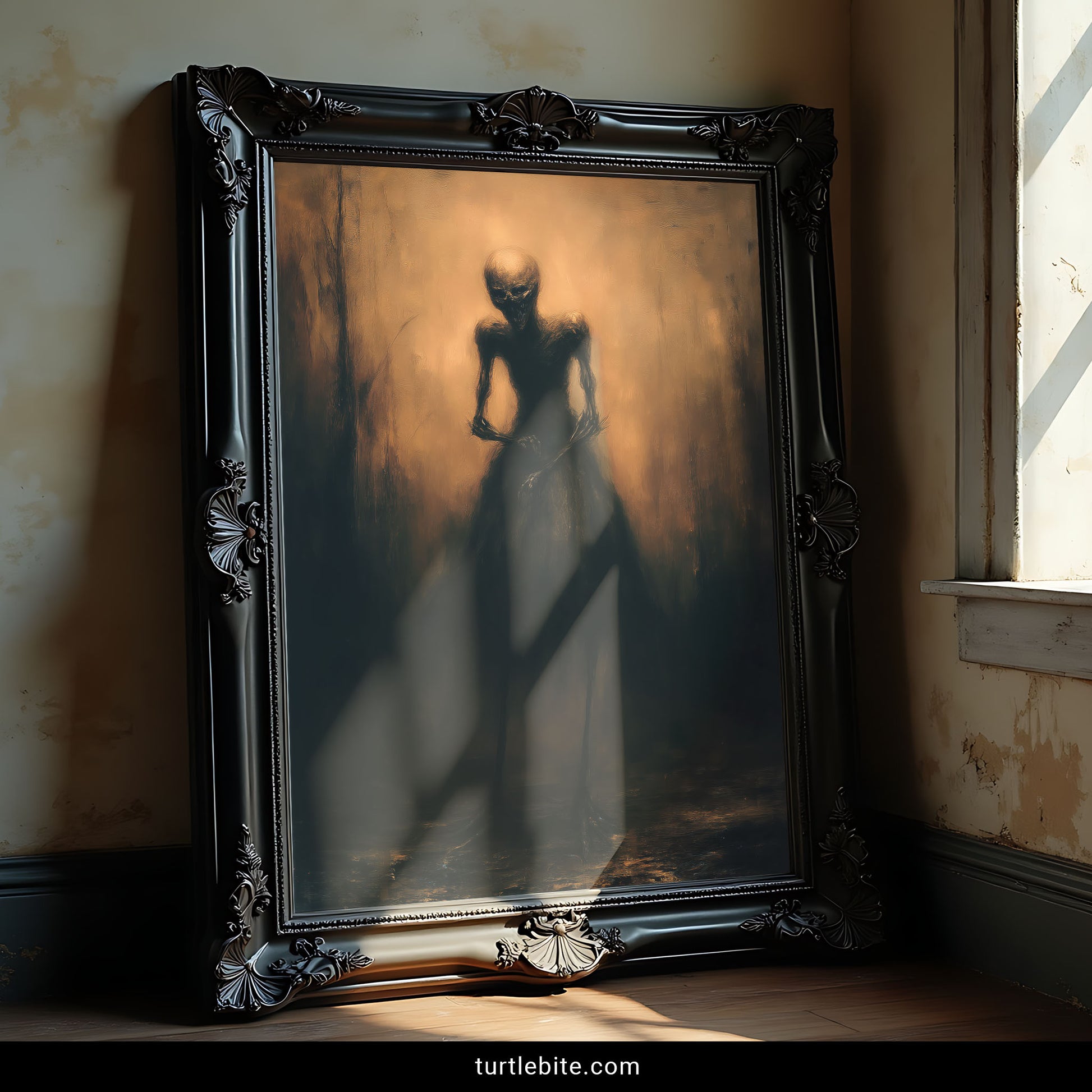 Dark art print of skeleton bride in abandoned hallway with amber lighting baroque style