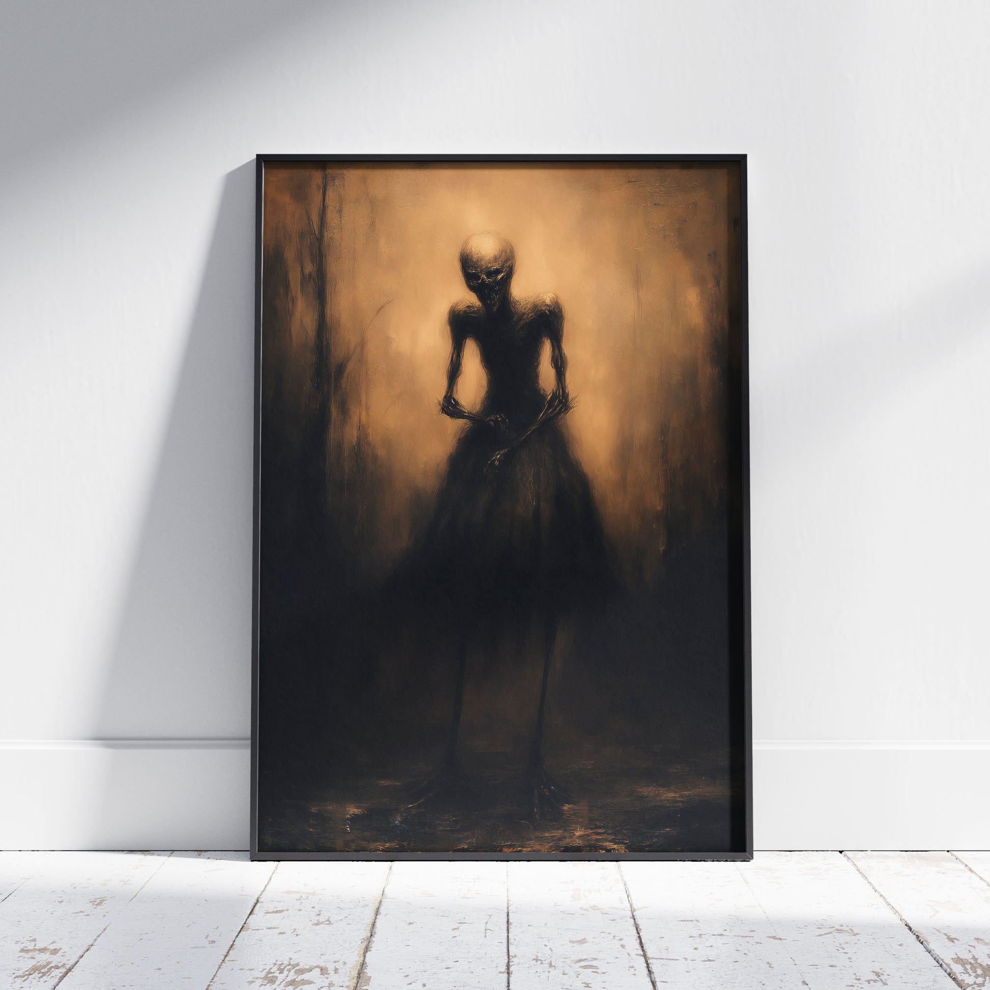 Gothic skeleton woman in Victorian black dress standing in golden-lit corridor dark art print