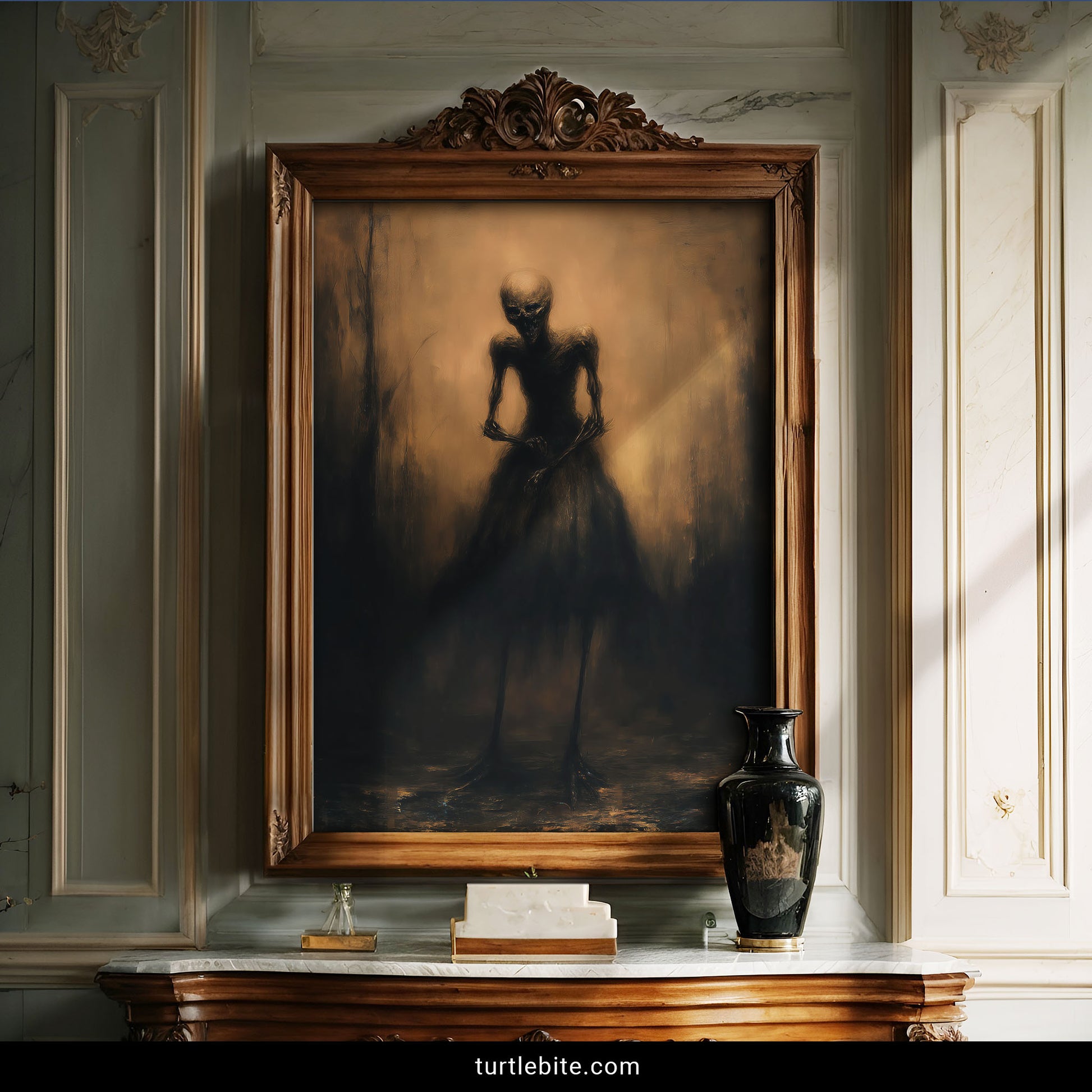 Surreal horror art featuring skull-headed woman in period dress moody gothic decor
