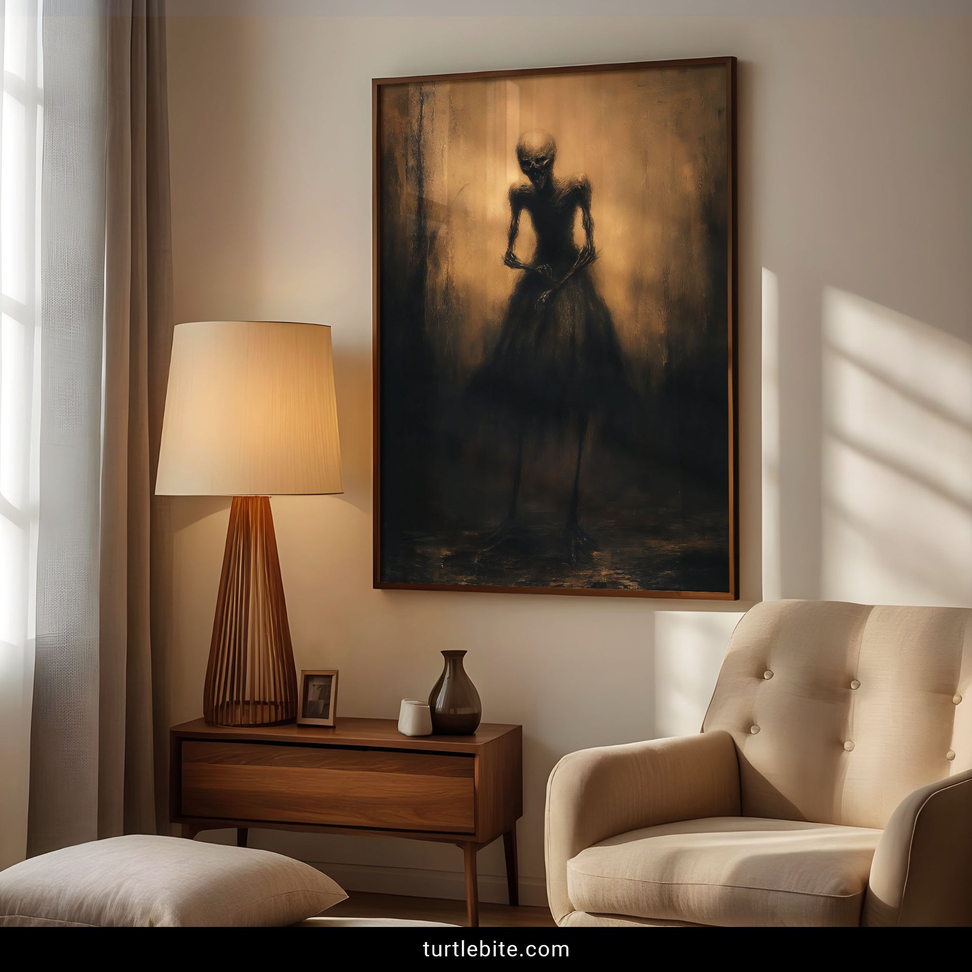 Dark art print of skeleton bride in abandoned hallway with amber lighting baroque style