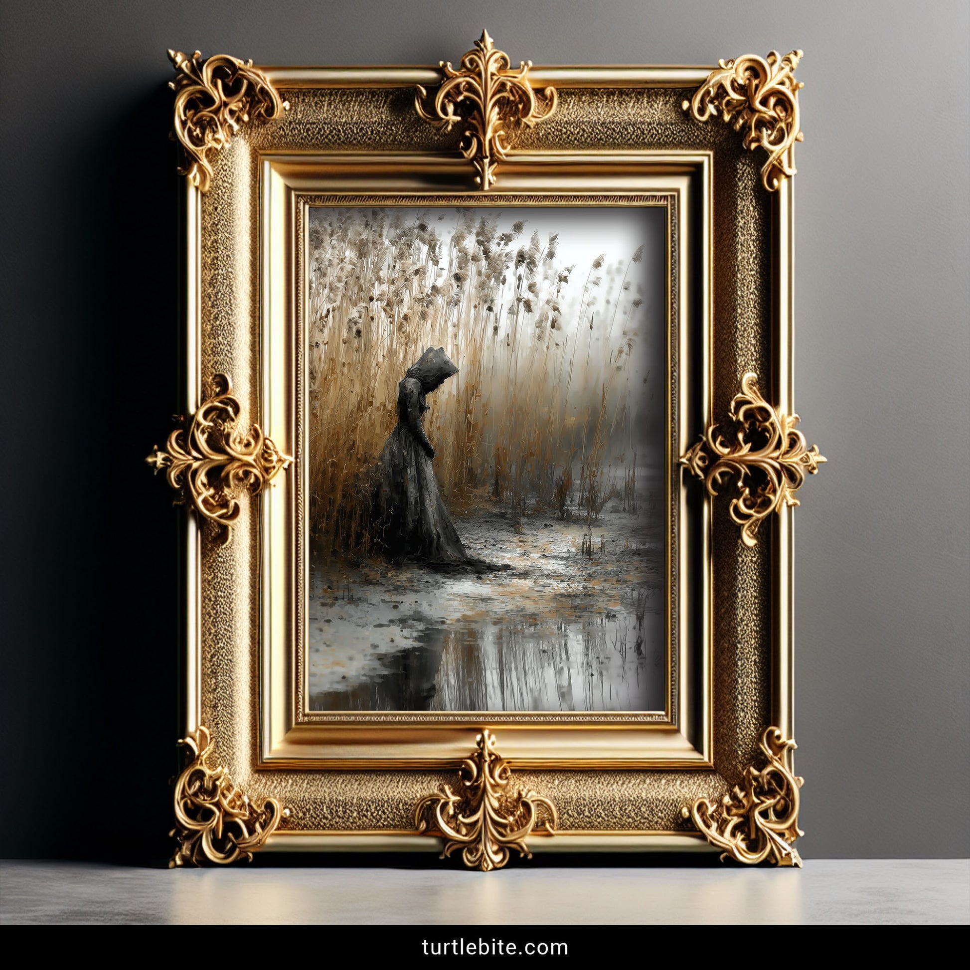 Moody Victorian painting style wall art showing solitary figure in dark dress among golden autumn reeds