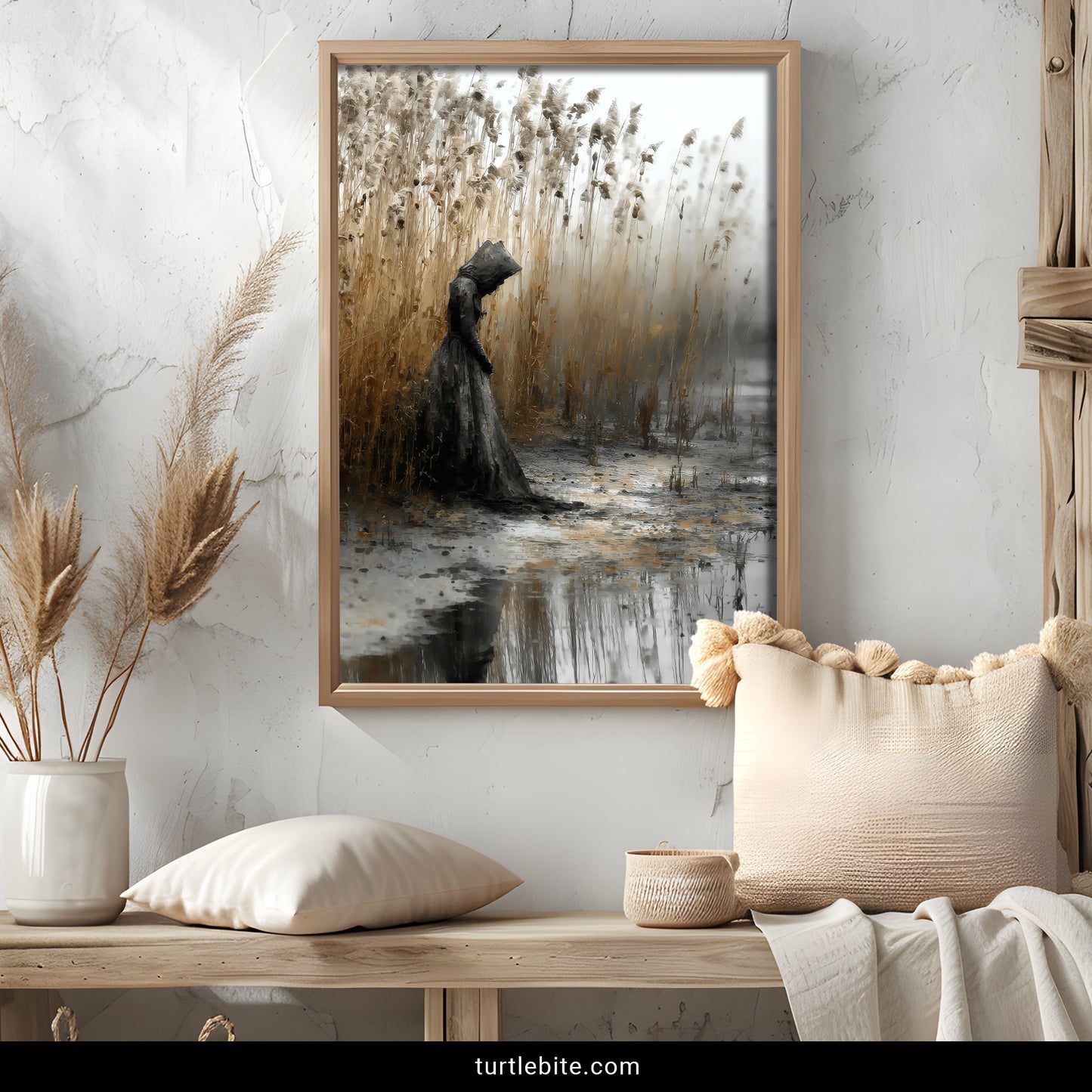 Dark academia poster with ethereal woman silhouette in foggy wetland landscape, melancholic atmospheric decor