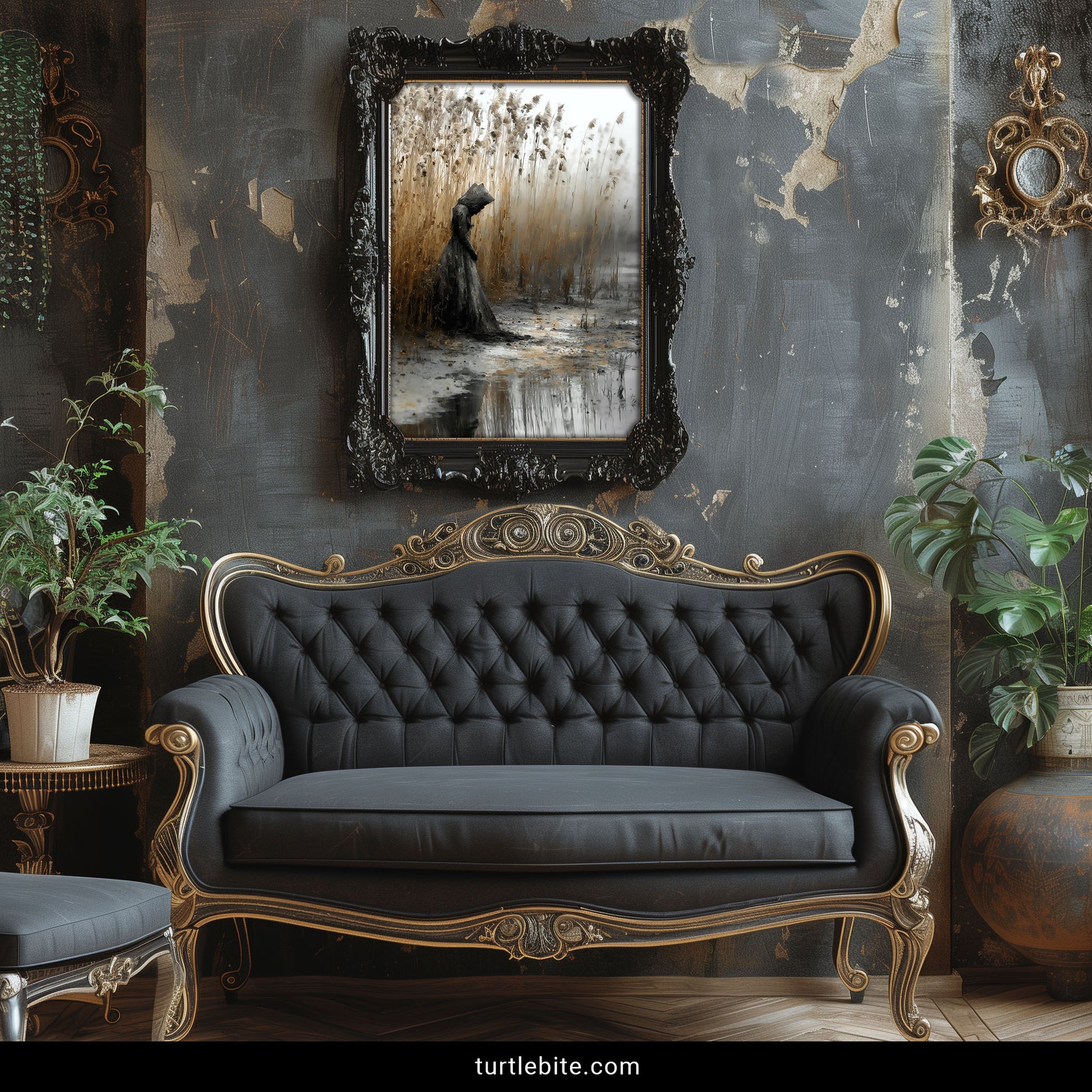 Dark academia poster with ethereal woman silhouette in foggy wetland landscape, melancholic atmospheric decor