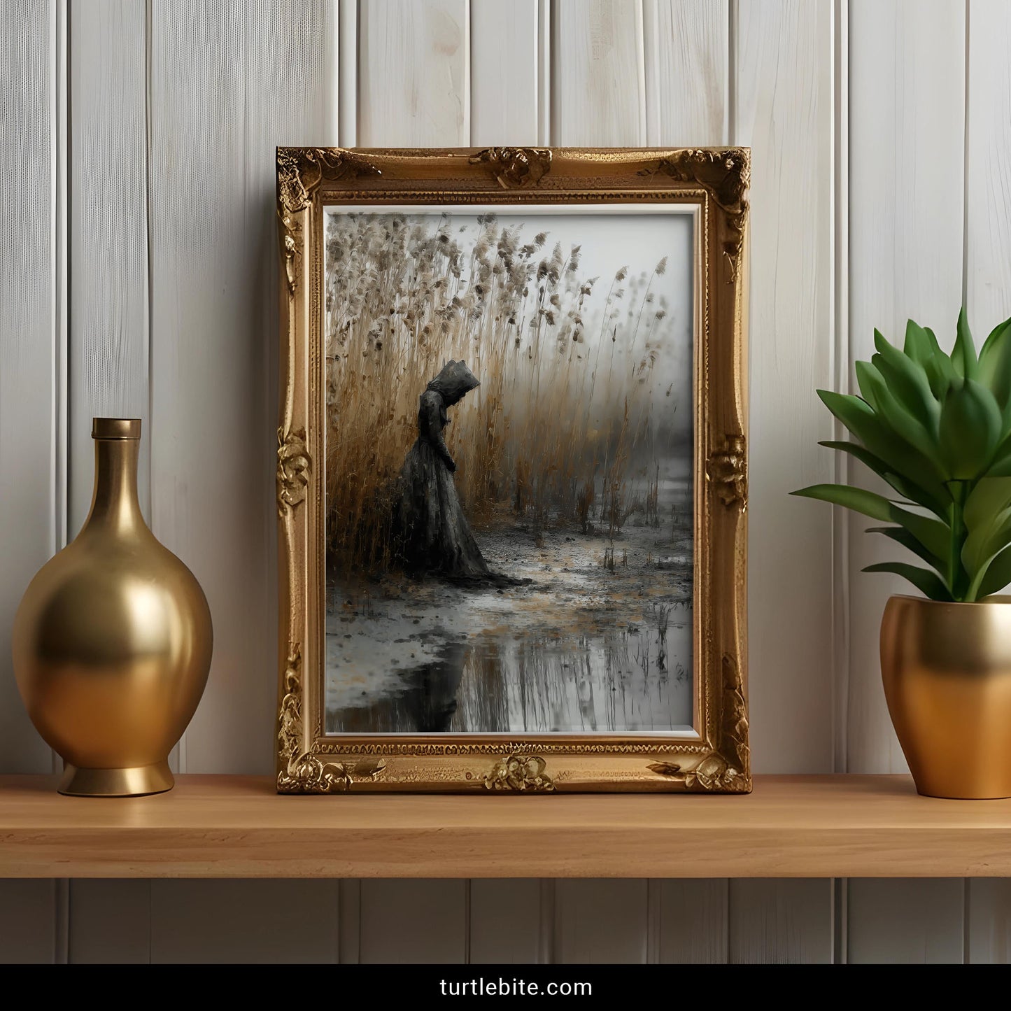 Mysterious gothic wall art depicting hooded figure reflected in still water surrounded by windswept reeds