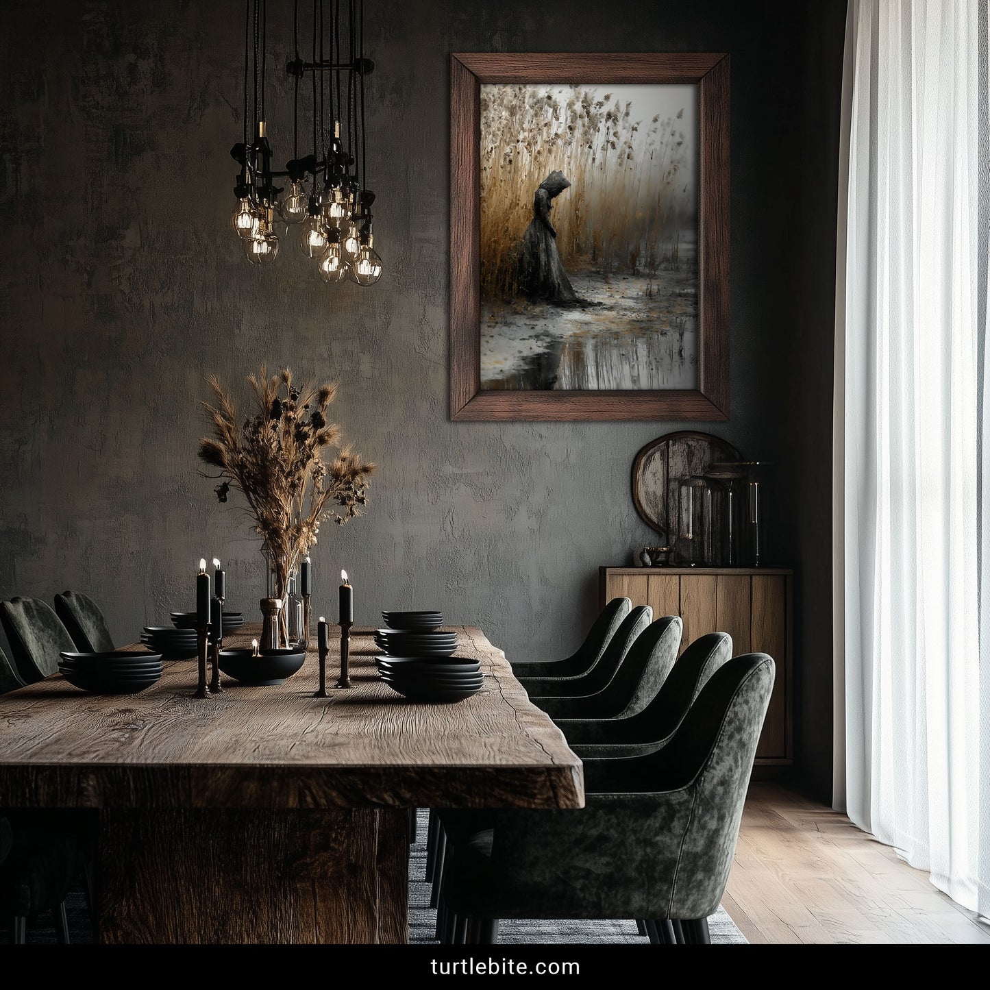 Mysterious gothic wall art depicting hooded figure reflected in still water surrounded by windswept reeds