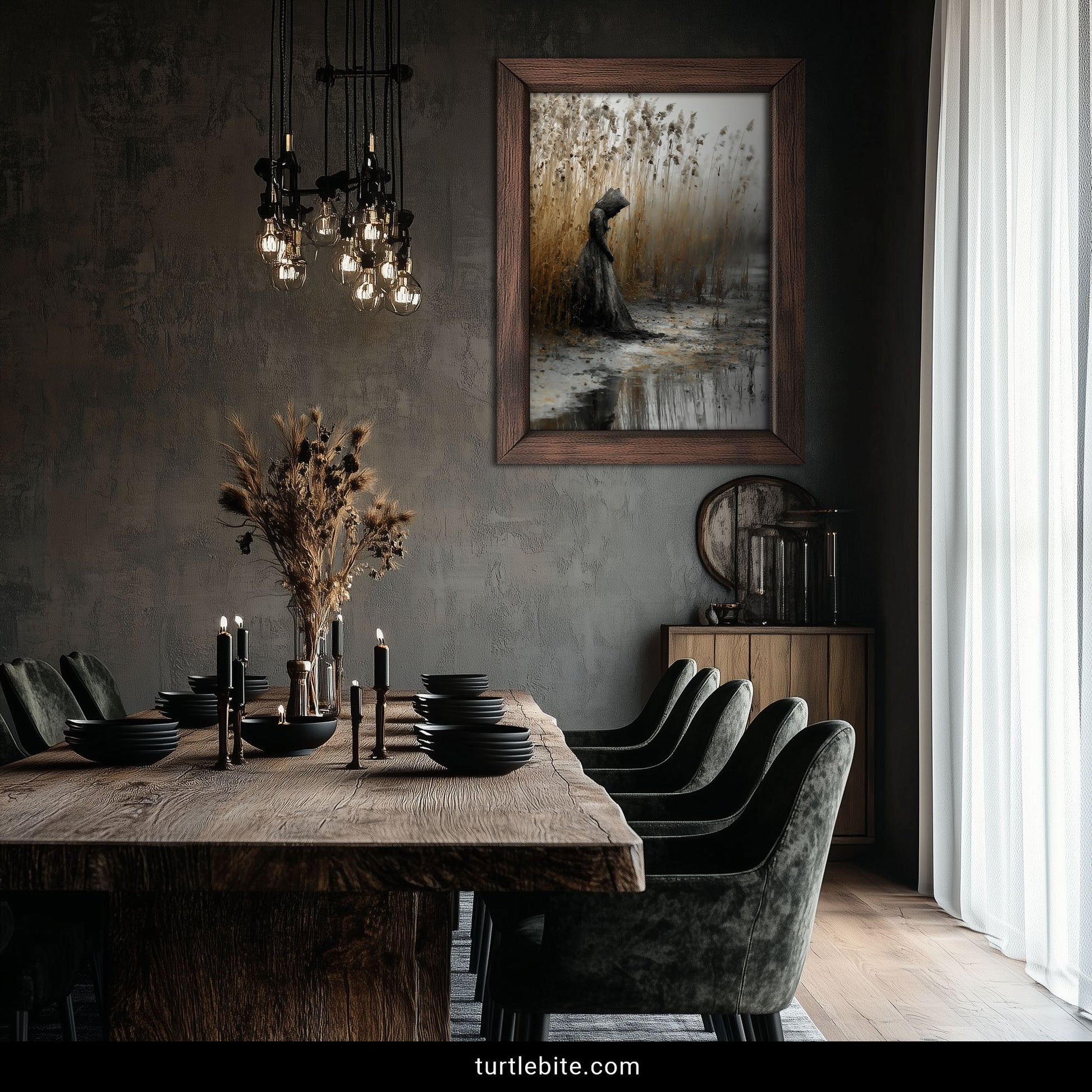 Mysterious gothic wall art depicting hooded figure reflected in still water surrounded by windswept reeds