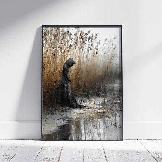 Gothic art print featuring mysterious cloaked woman standing in misty reeds by water with atmospheric fog