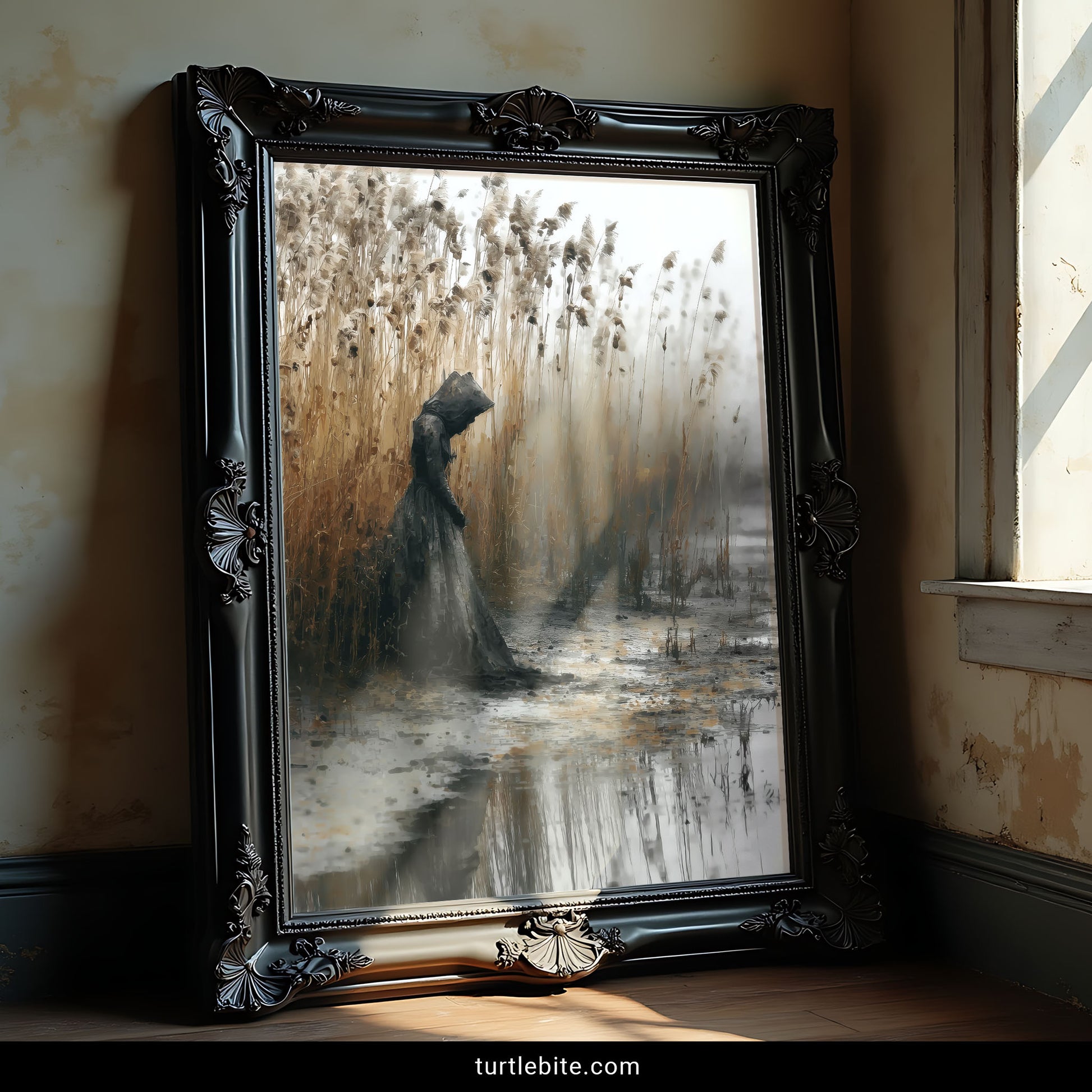 Atmospheric surreal art print of Victorian woman in black cloak standing alone in misty marsh landscape