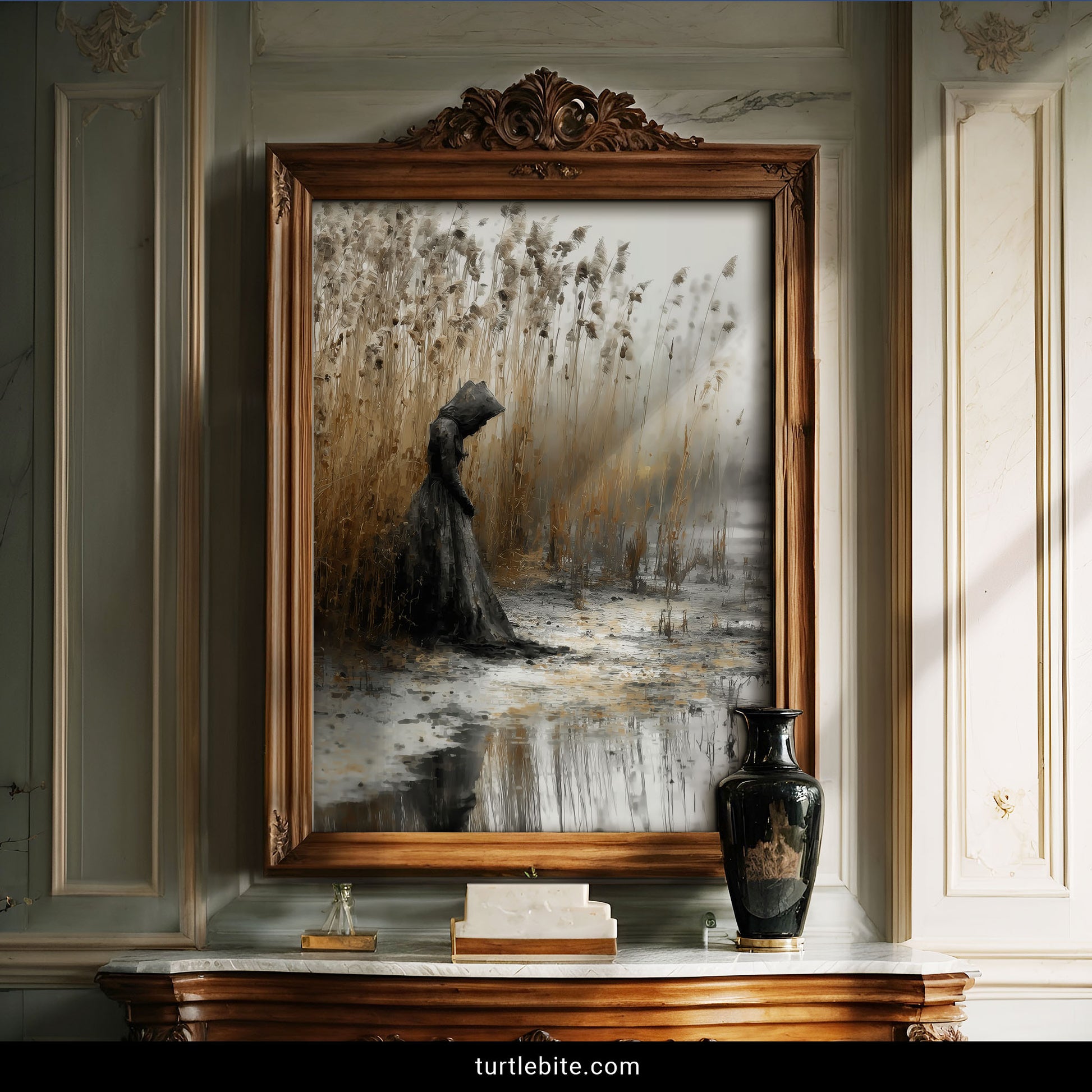 Atmospheric surreal art print of Victorian woman in black cloak standing alone in misty marsh landscape