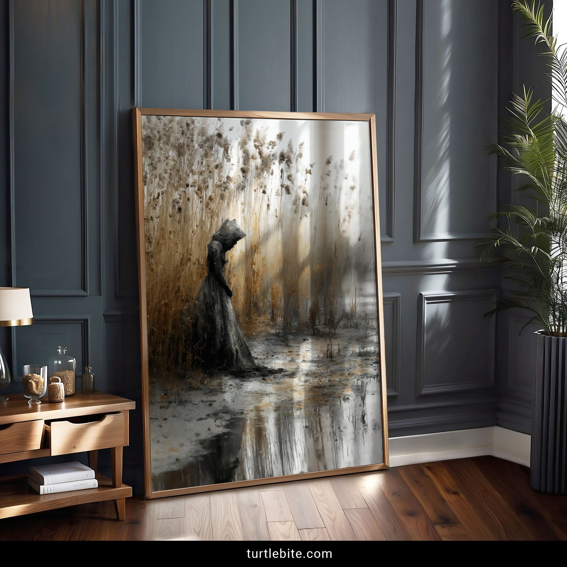 Moody Victorian painting style wall art showing solitary figure in dark dress among golden autumn reeds