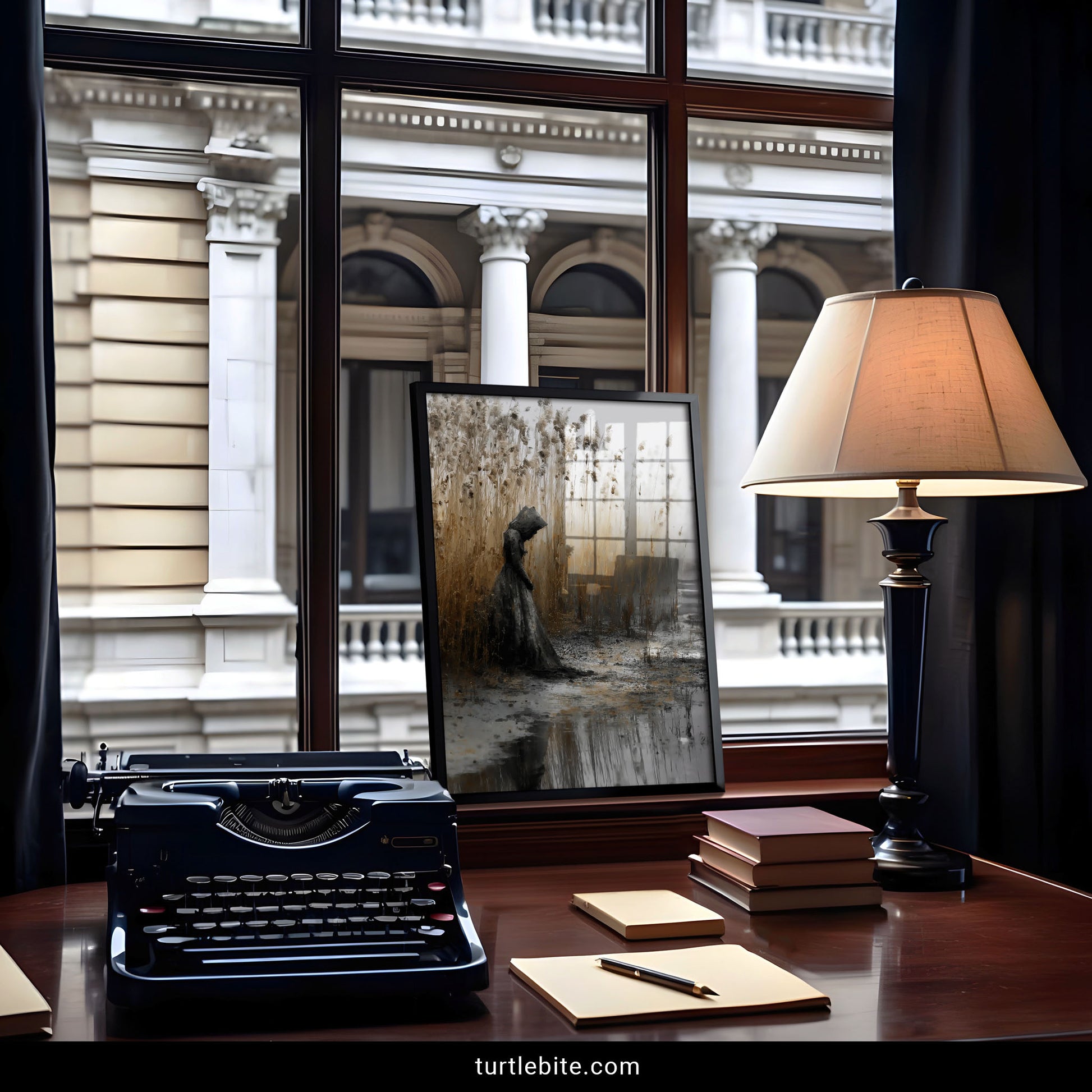 Atmospheric surreal art print of Victorian woman in black cloak standing alone in misty marsh landscape