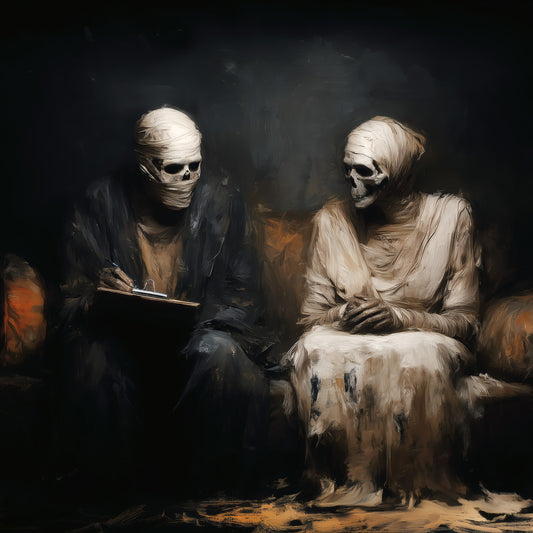 Gothic art print featuring two mummified skeletons in therapy session with dark baroque painting style