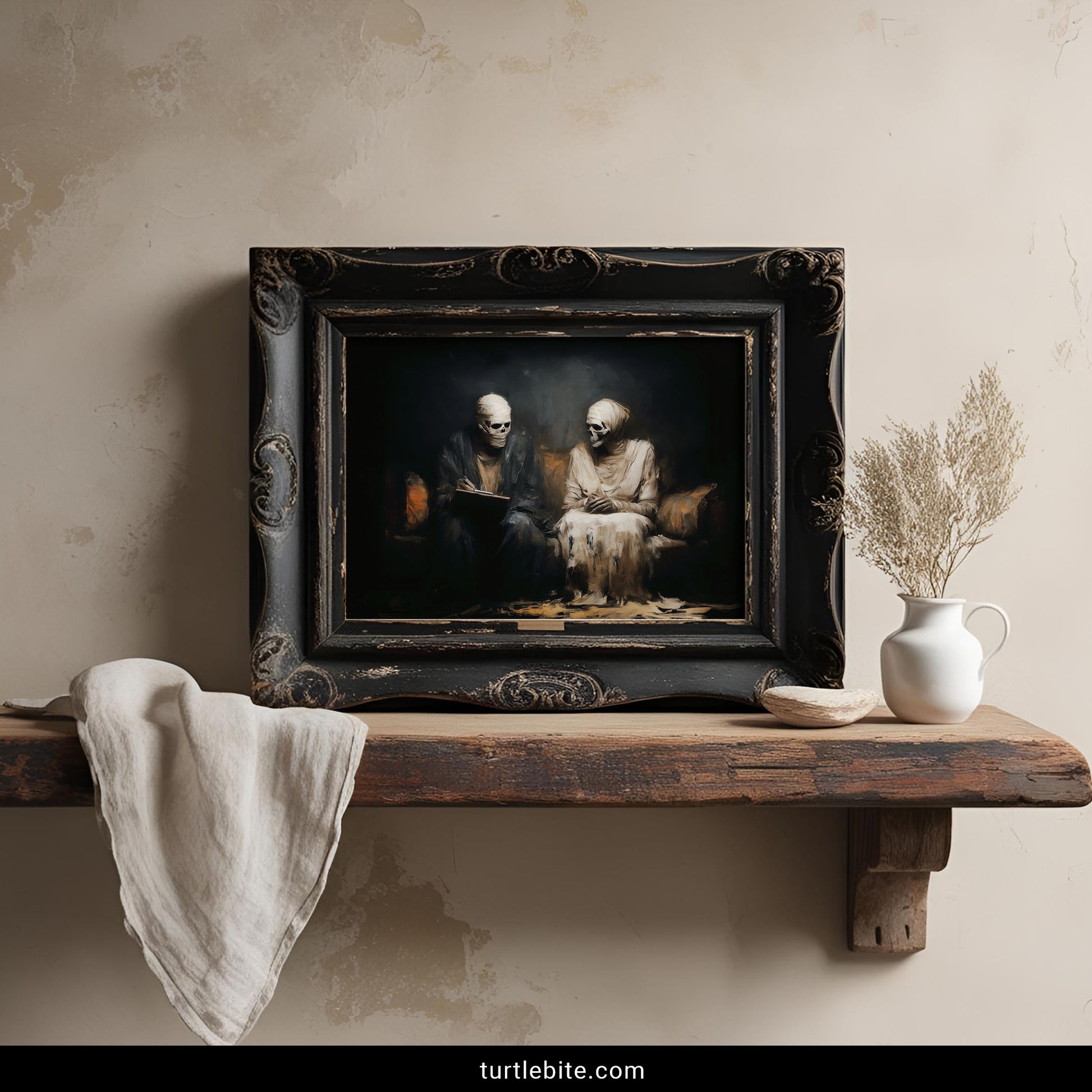 Egyptian mummy couple wall art with horror decor aesthetic and vintage macabre painting treatment
