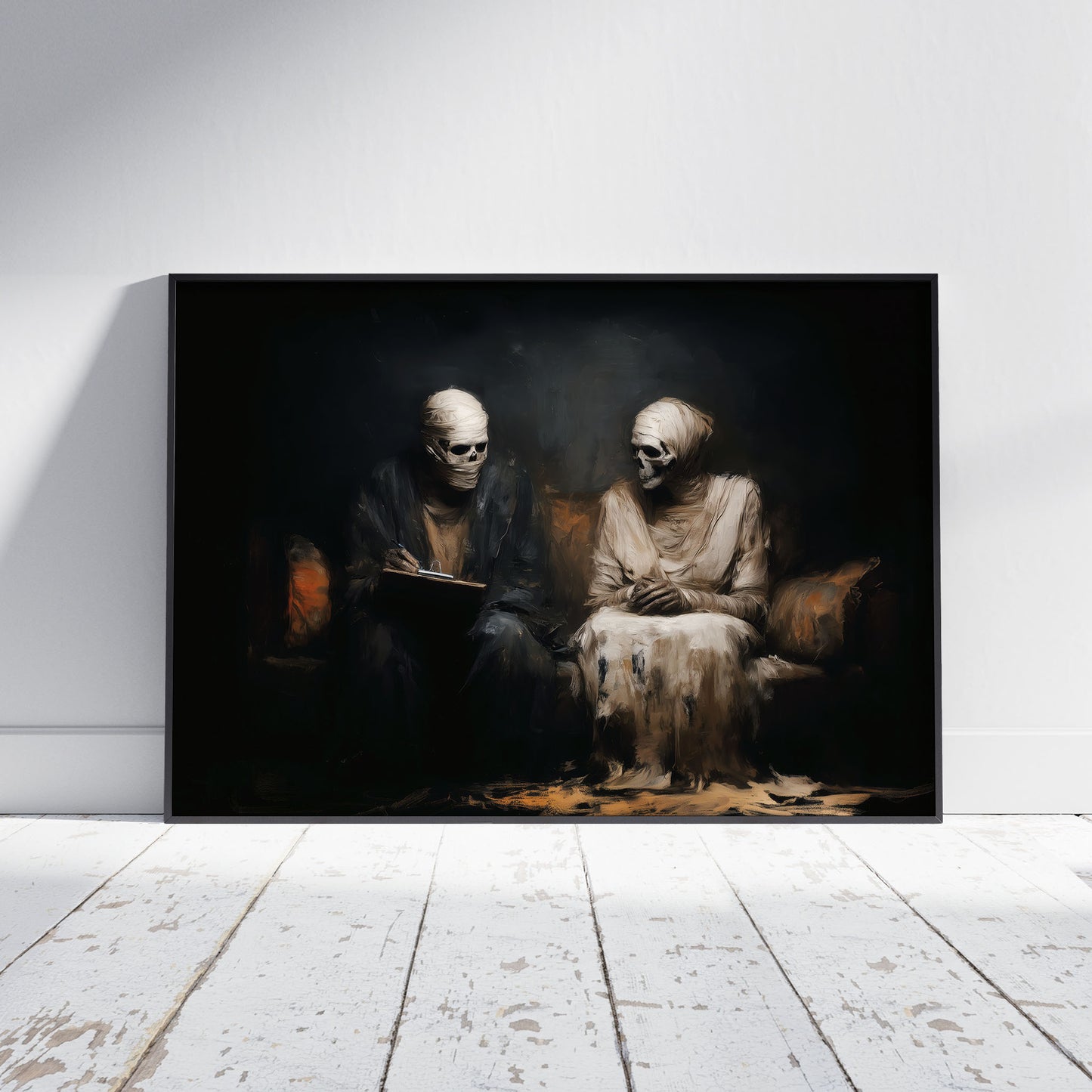 Gothic art print featuring two mummified skeletons in therapy session with dark baroque painting style