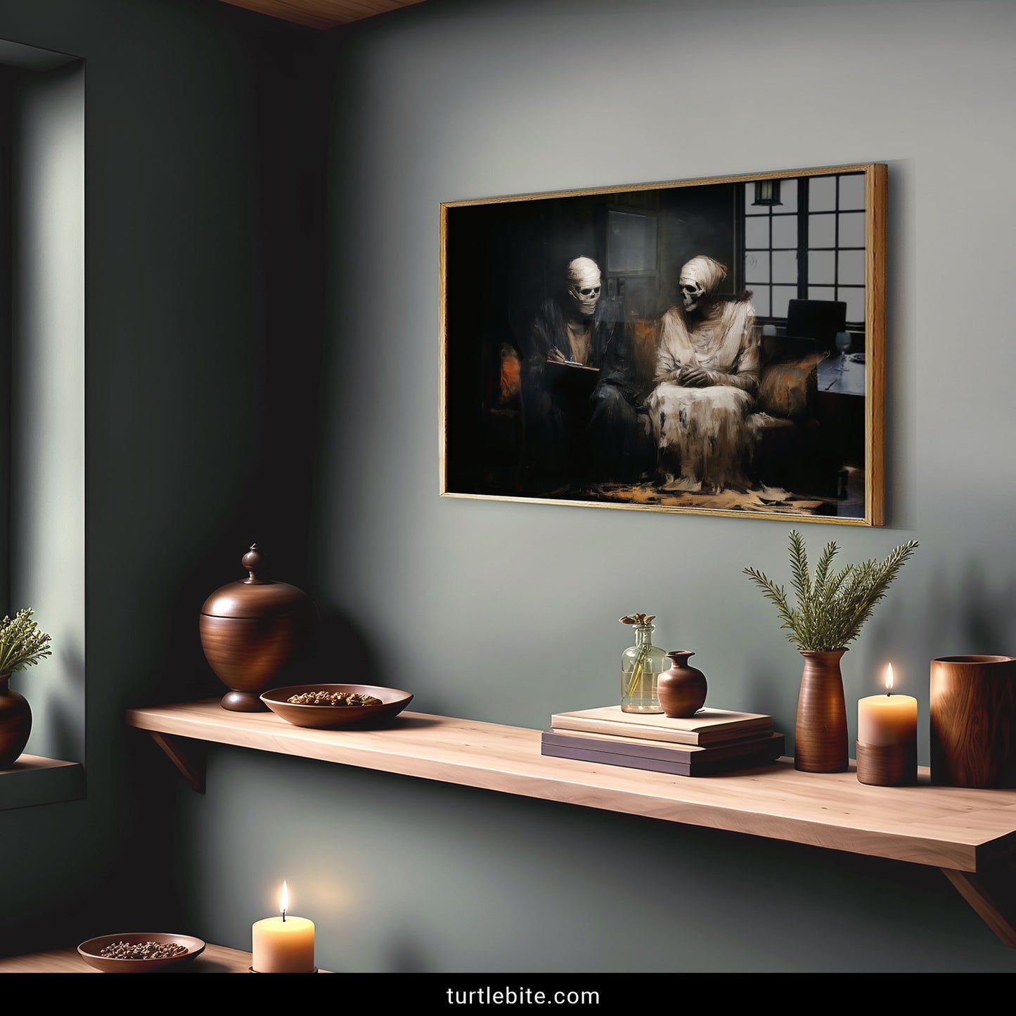 Egyptian mummy couple wall art with horror decor aesthetic and vintage macabre painting treatment