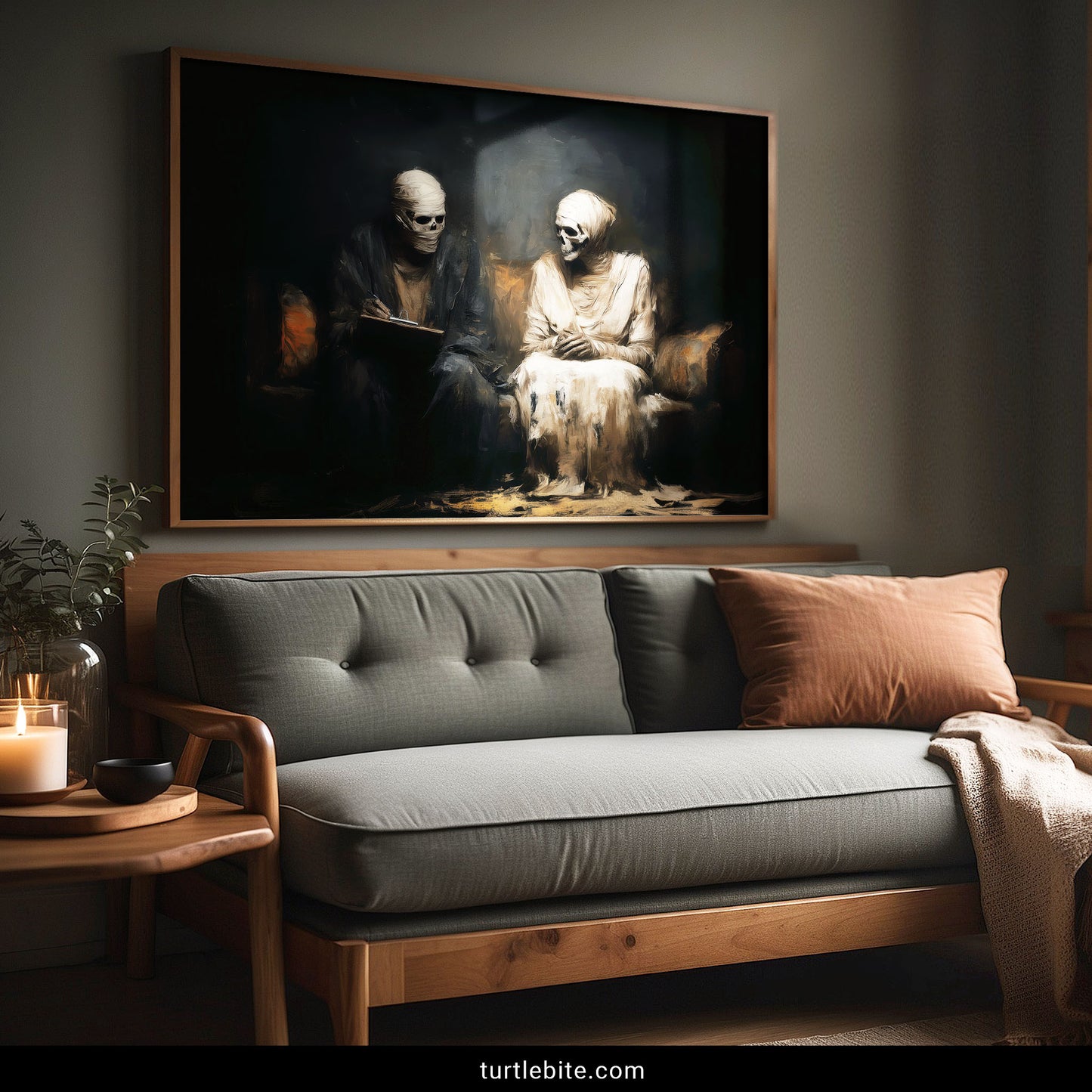 Memento mori wall art with mummy couple seated on couch in moody earth tone horror poster