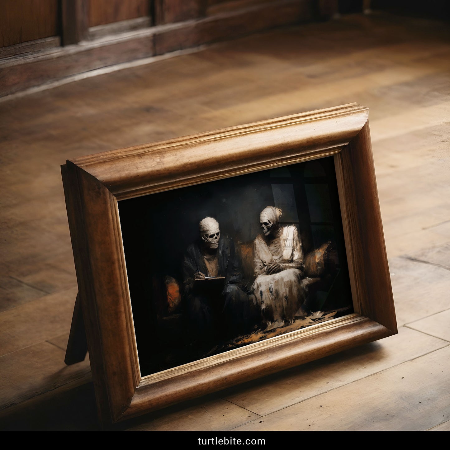 Macabre art print of bandaged skeletal figures in therapy session quirky gothic wall decor