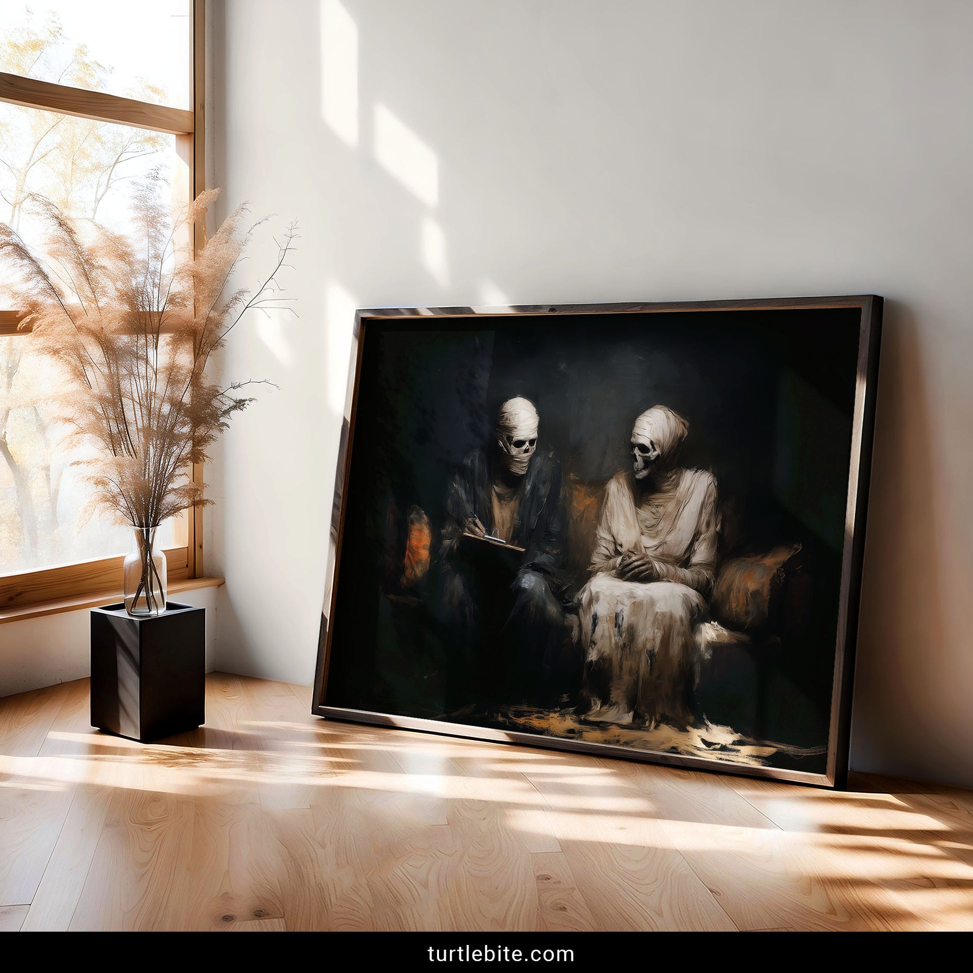 Macabre art print of bandaged skeletal figures in therapy session quirky gothic wall decor